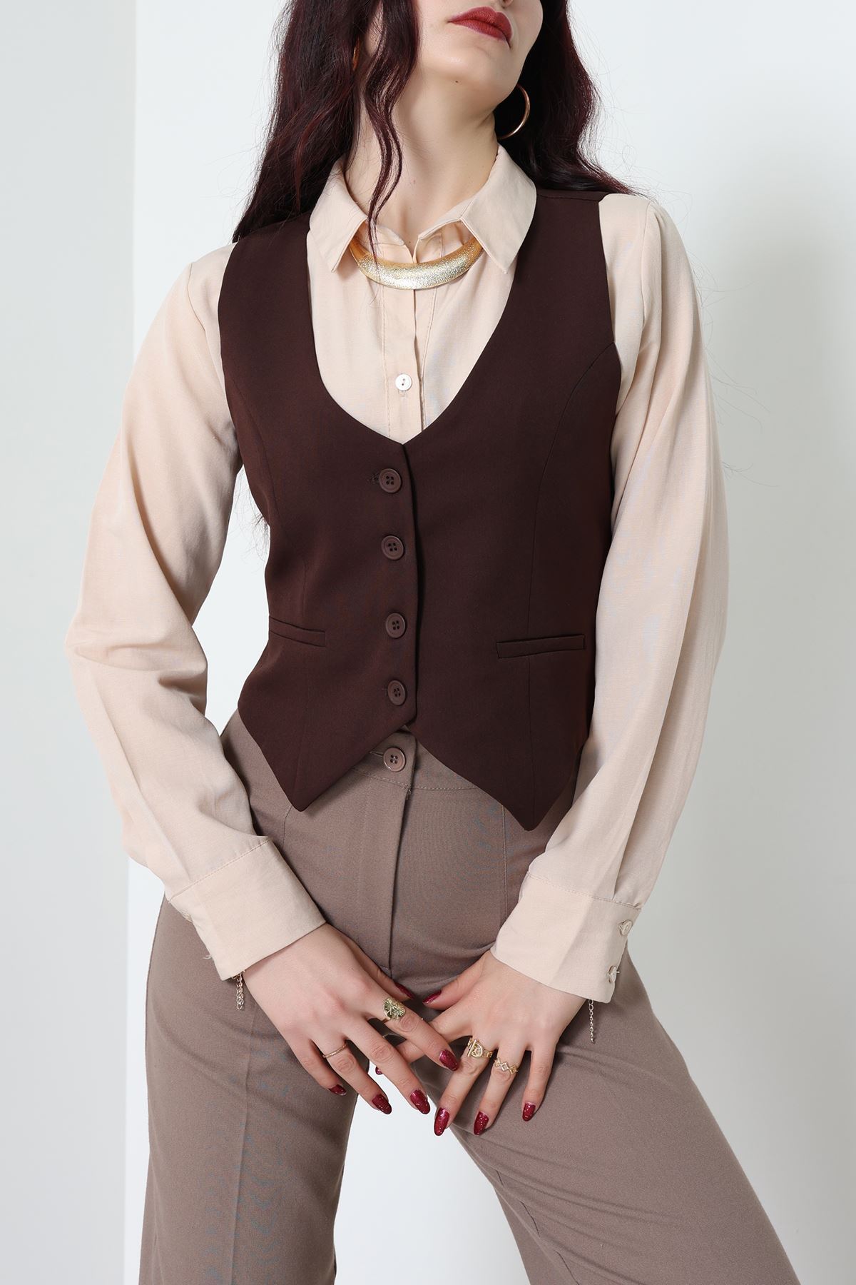 Dabıl Kumaş Fleto Cepli Astarlı Yelek Kahve - 51230.1991.