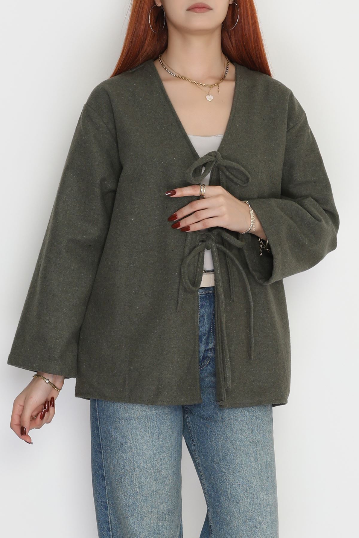 Önü Bağcıklı Kaşe Hırka Haki - 70995.1775.