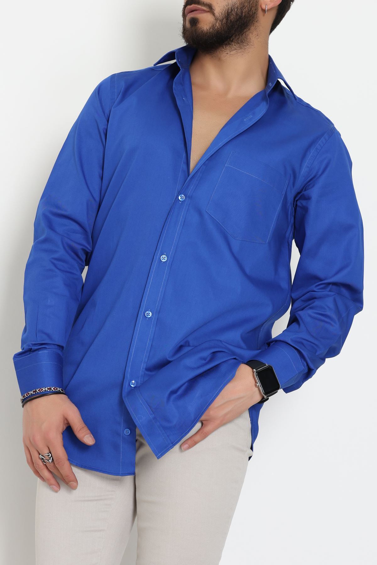 Klasik Pamuklu Erkek Cepli Slimfit Gömlek Saks - 70877.1970.