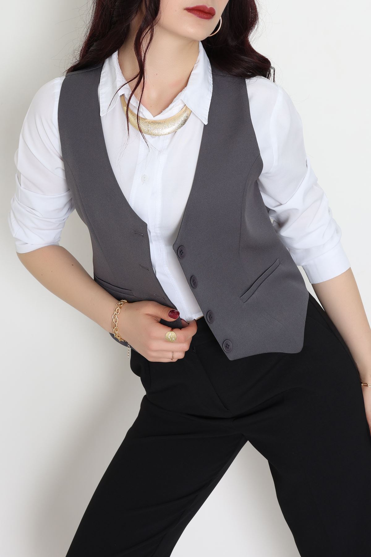 Dabıl Kumaş Fleto Cepli Astarlı Yelek Antrasit - 51230.1991.