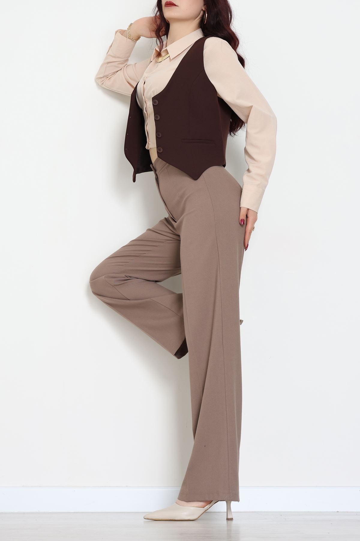 Dabıl Kumaş Fleto Cepli Astarlı Yelek Kahve - 51230.1991.