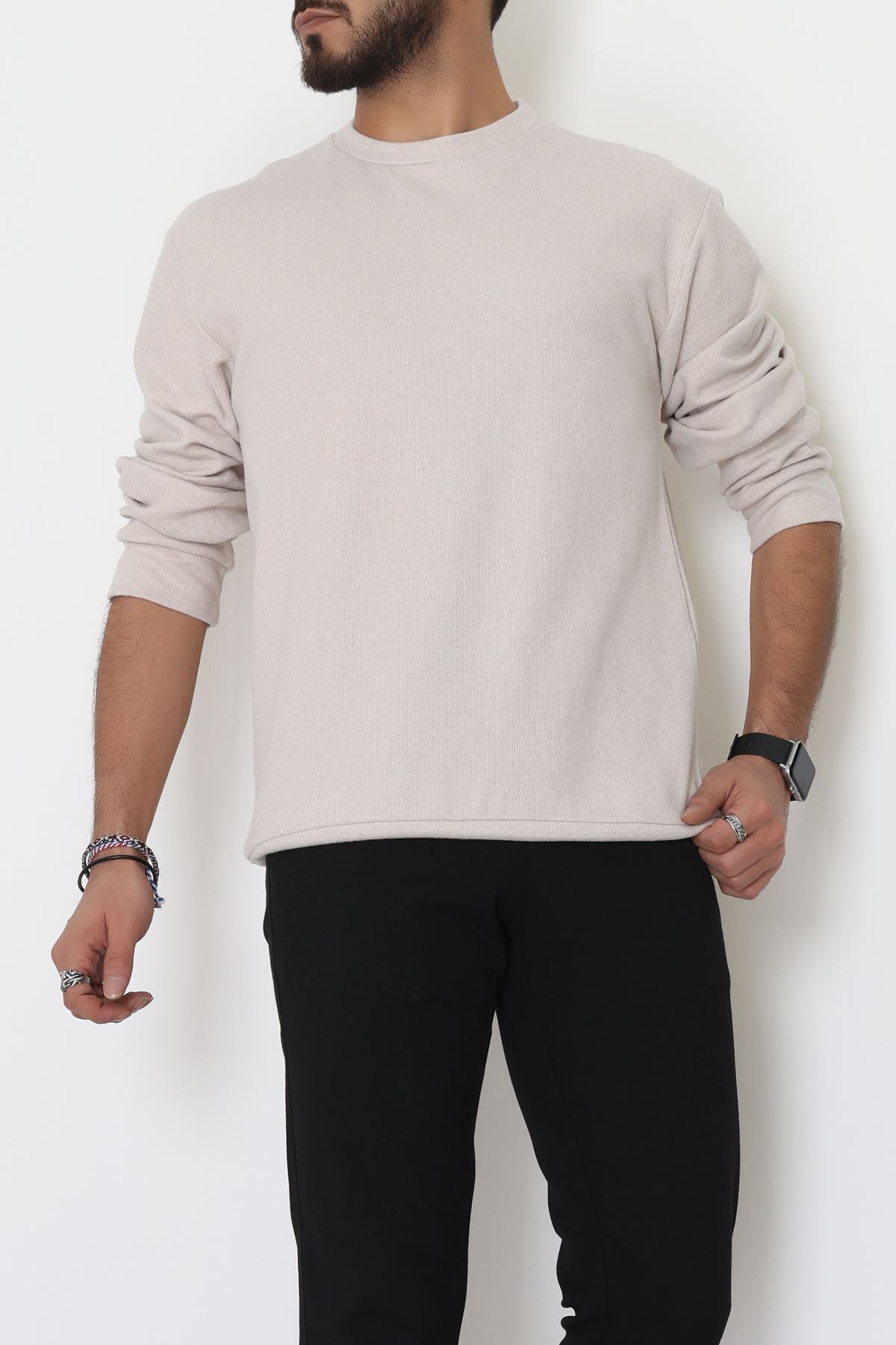 Bisiklet Yaka Selanik Kumaş Erkek Sweat Bej - 42674.1567.