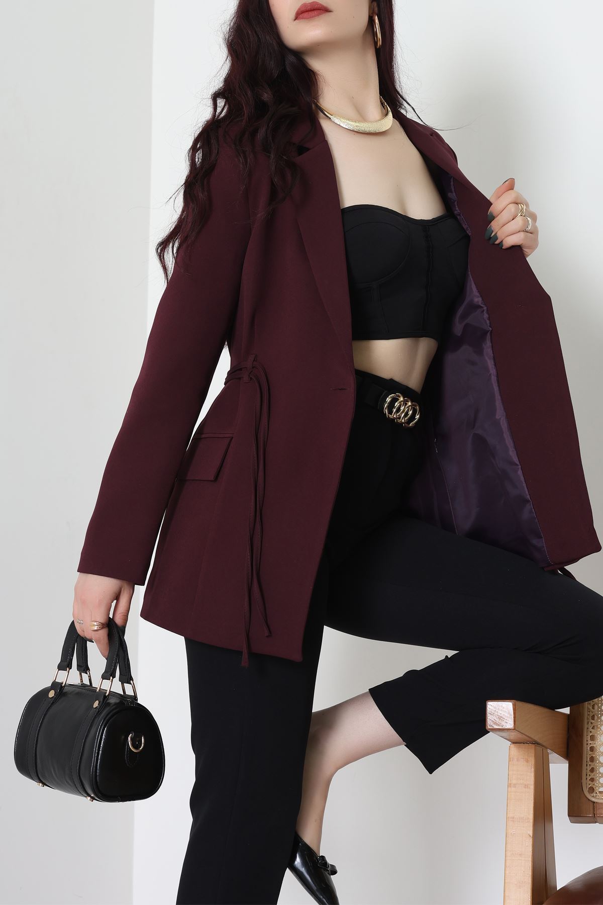 Bağlamalı Astarlı Blazer Ceket Mürdüm - 31815.1991.