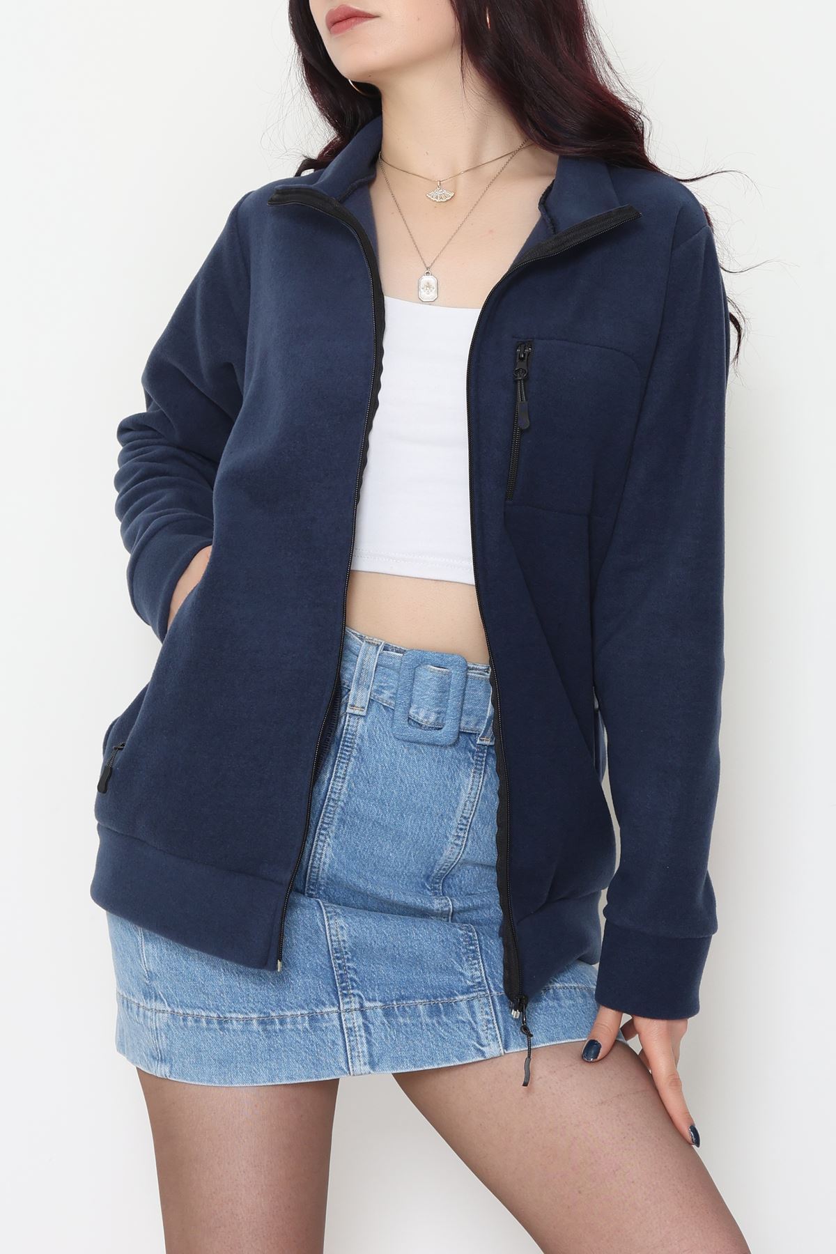 Fermuarlı Dik Yaka Polar Ceket Lacivert - 52113.053.