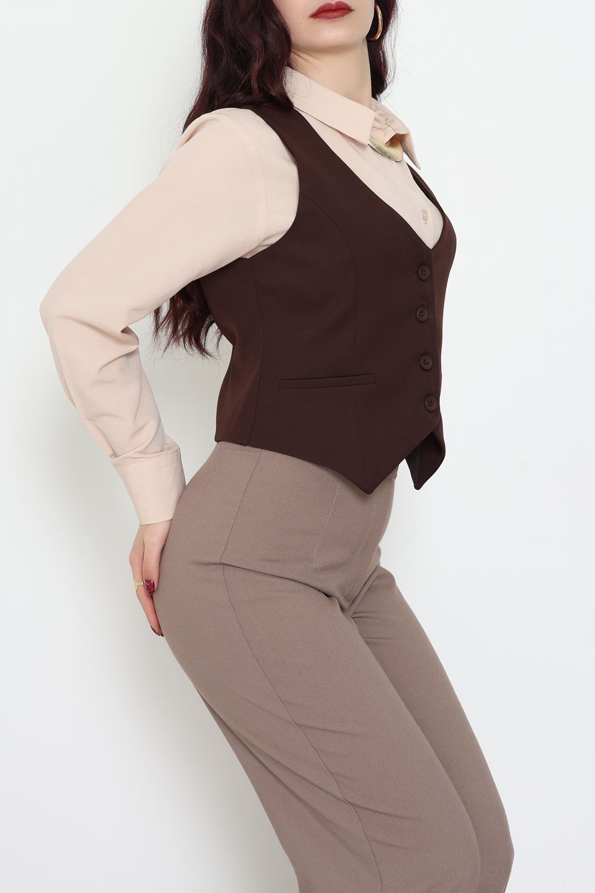 Dabıl Kumaş Fleto Cepli Astarlı Yelek Kahve - 51230.1991.