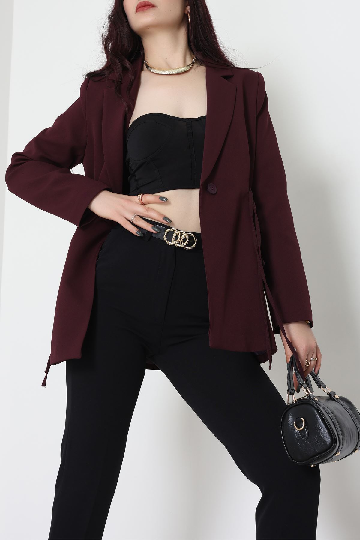 Bağlamalı Astarlı Blazer Ceket Mürdüm - 31815.1991.