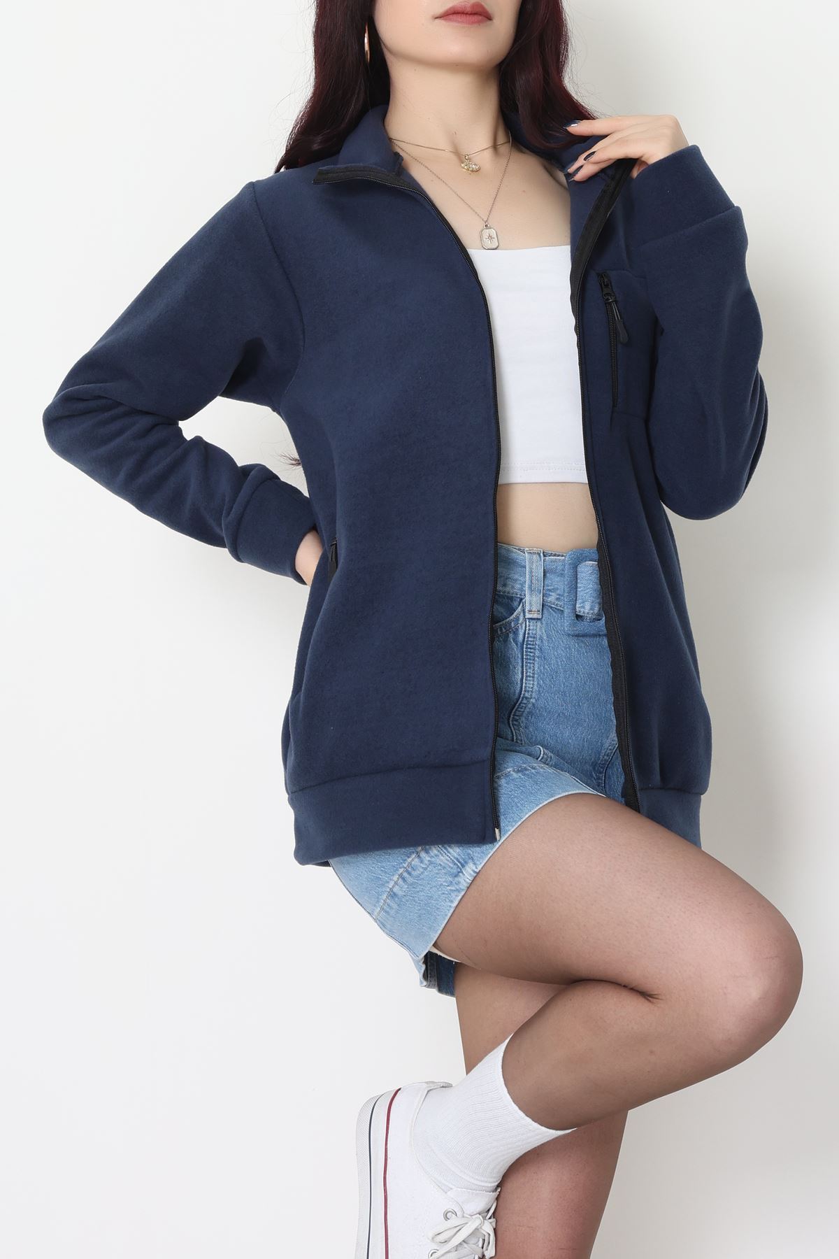 Fermuarlı Dik Yaka Polar Ceket Lacivert - 52113.053.