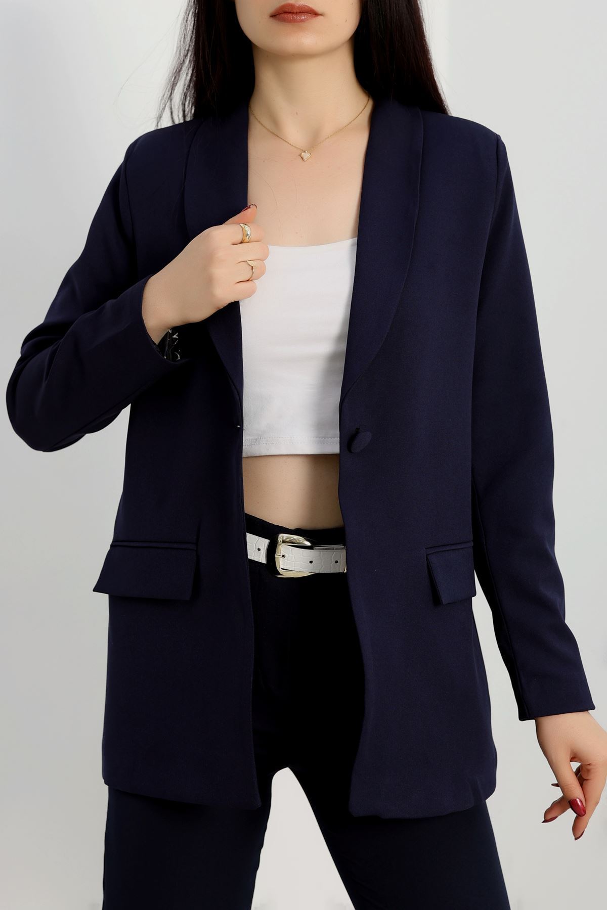 Leopar Astarlı Blazer Ceket Lacivert - 31340.1397.