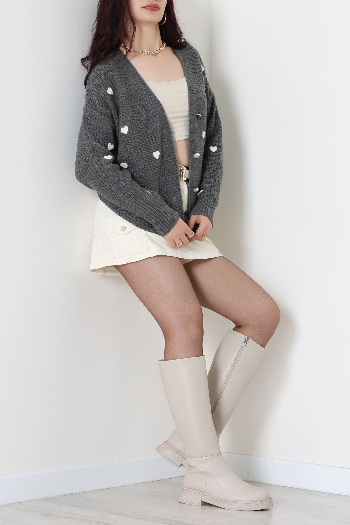 Nakışlı Kalpli Hırka Fümelatte - 444.1577.