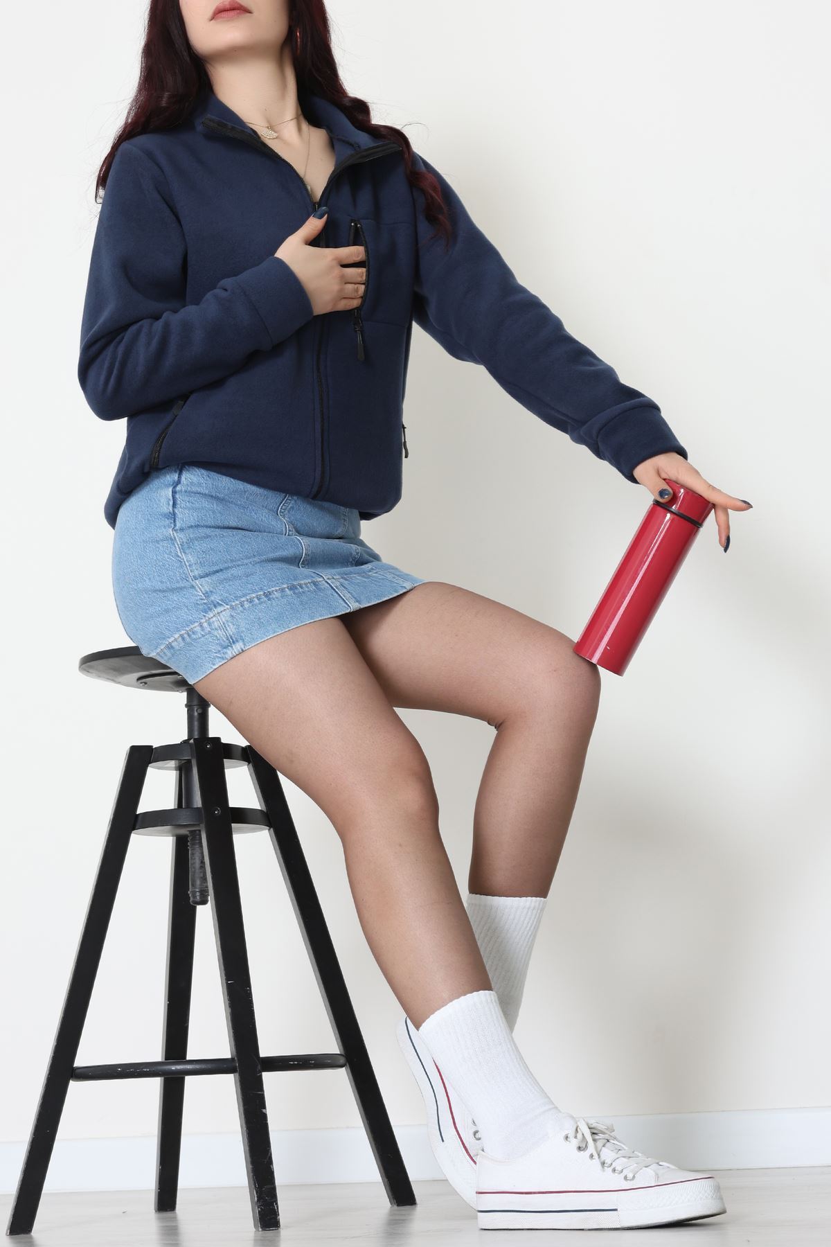 Fermuarlı Dik Yaka Polar Ceket Lacivert - 52113.053.