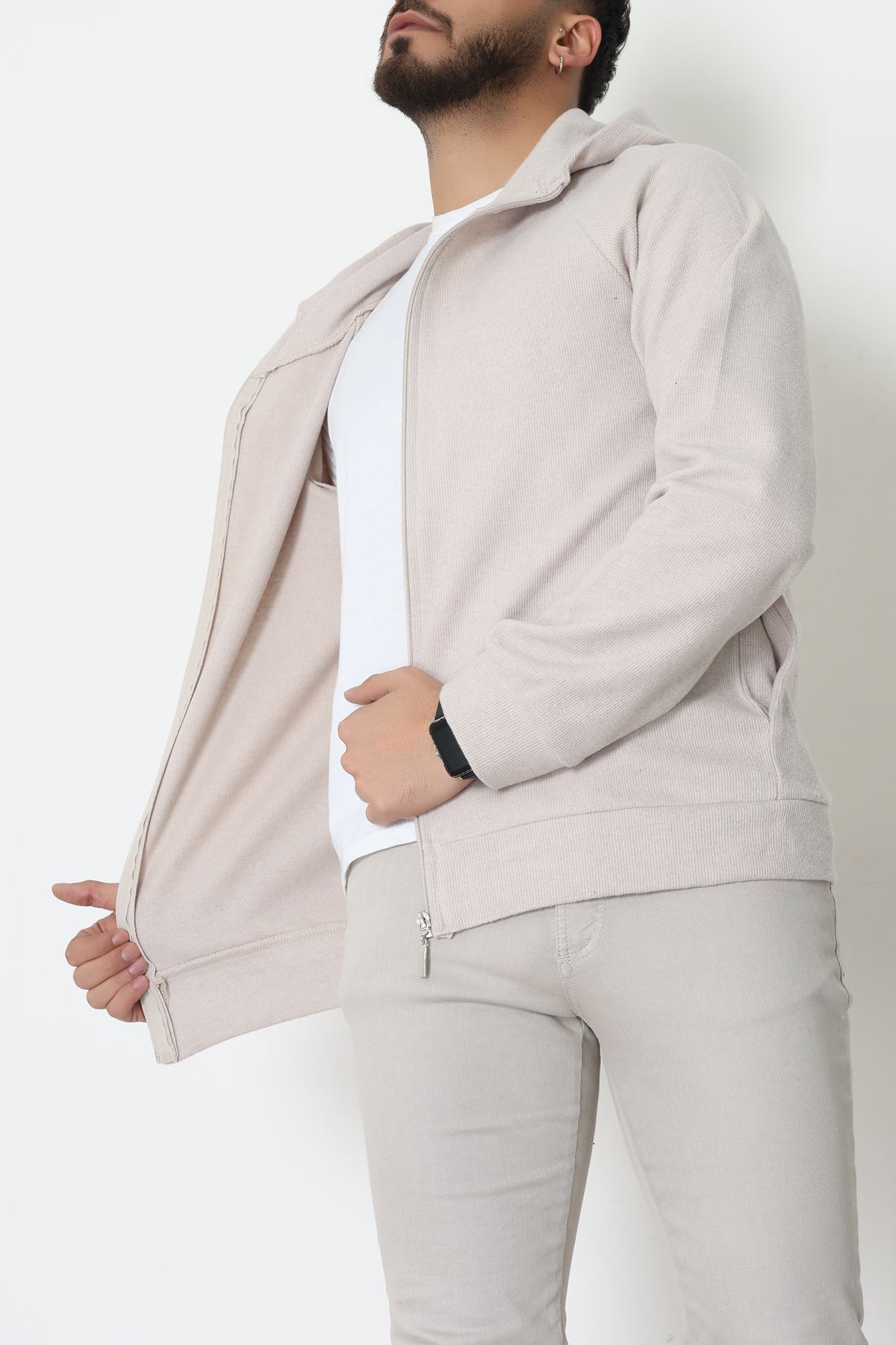 Selanik Kumaş Kapşonlu Erkek Sweat Taş - 42799.1567.