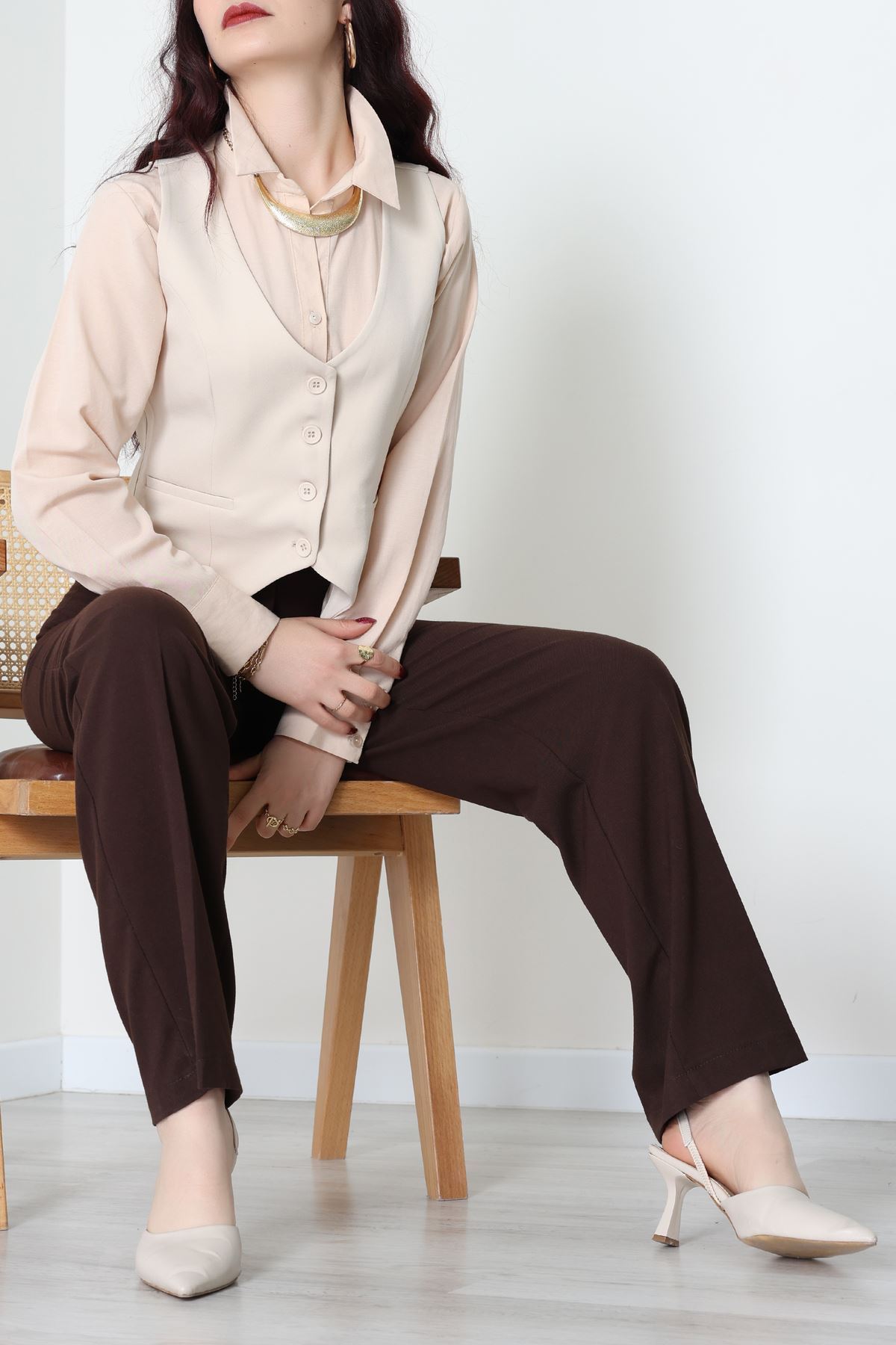 Dabıl Kumaş Fleto Cepli Astarlı Yelek Bej - 51230.1991.