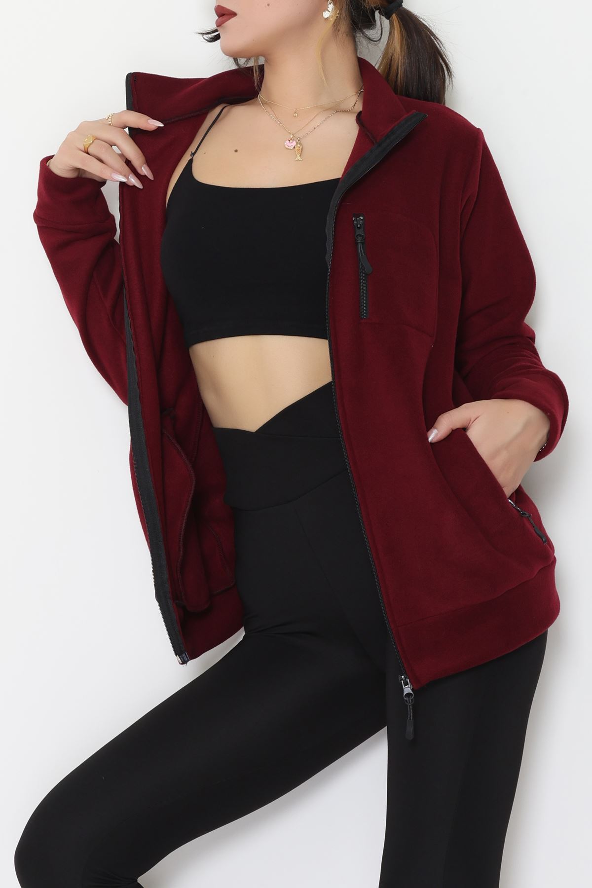 Fermuarlı Dik Yaka Polar Ceket Bordo - 52113.053.