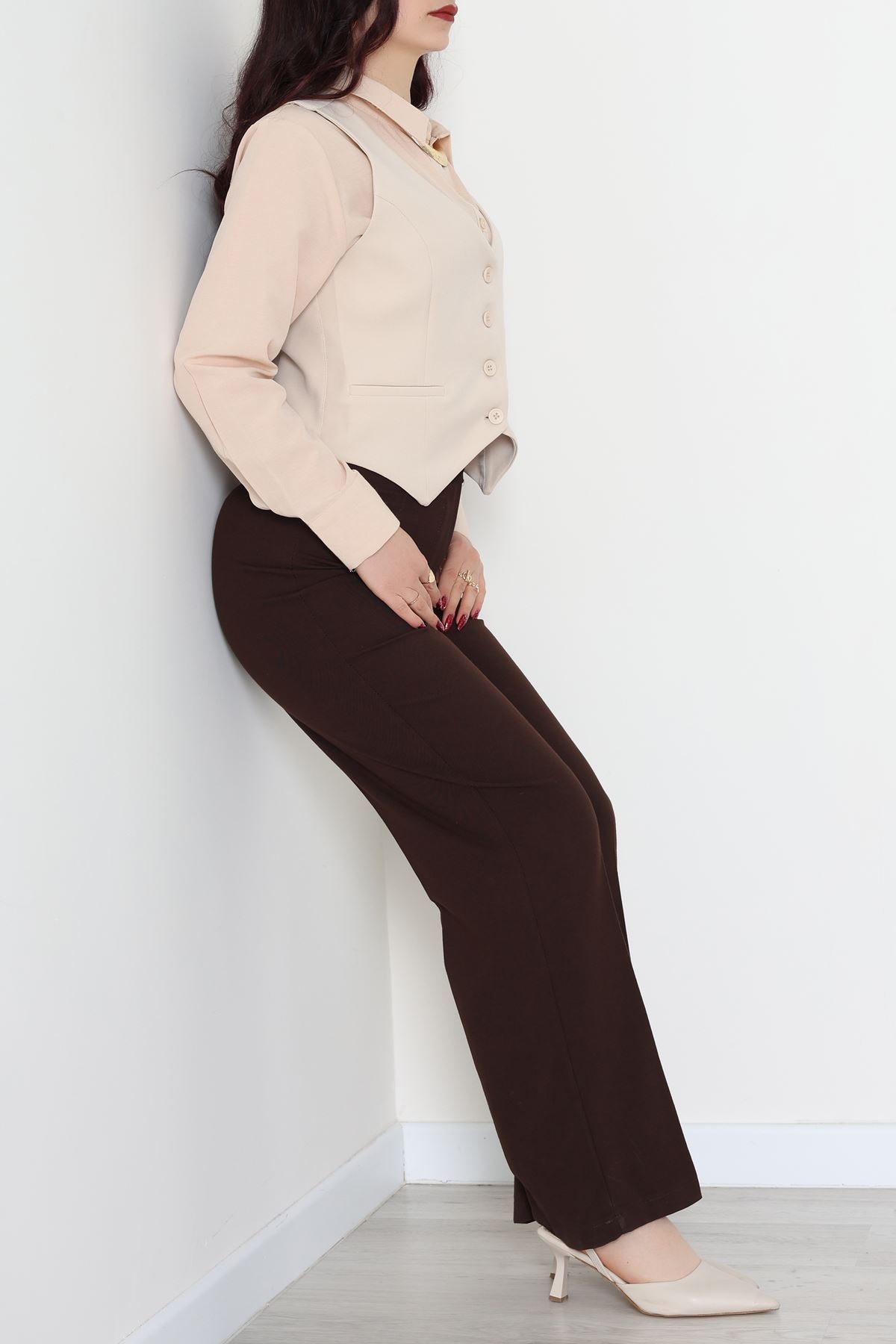 Dabıl Kumaş Fleto Cepli Astarlı Yelek Bej - 51230.1991.