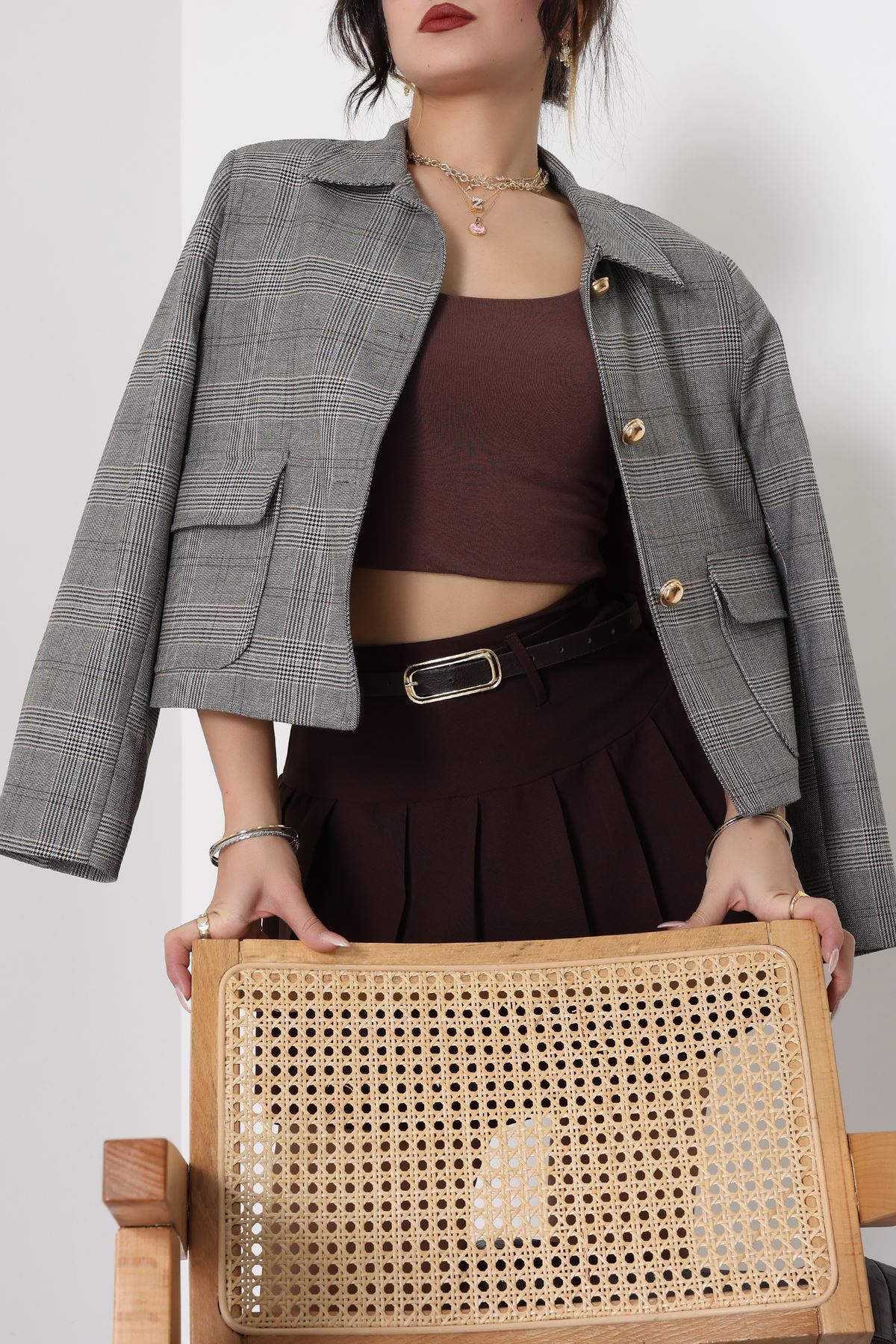 Ekose Düğme Detay Ceket Bej - 6311.001.