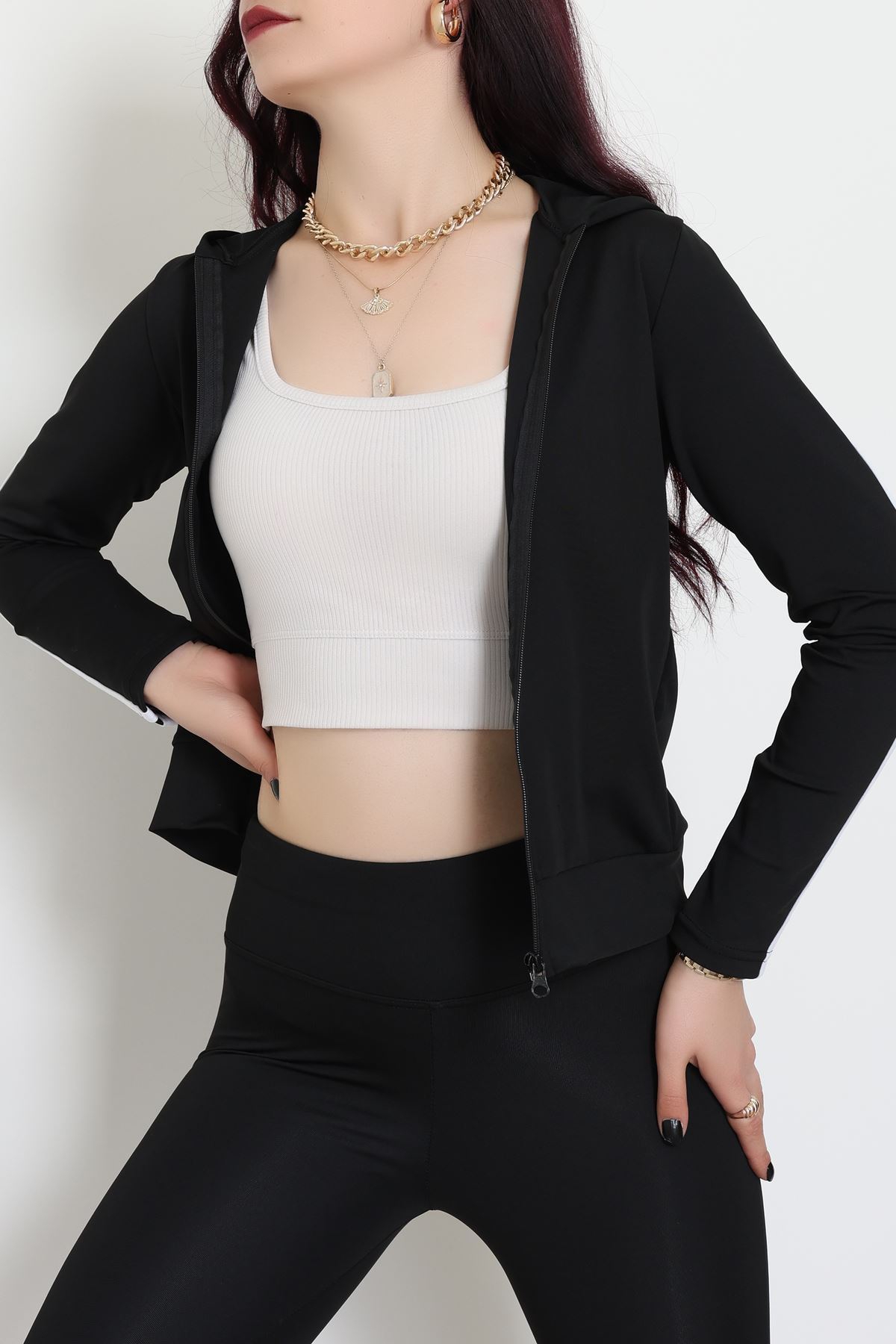 Kapşonlu Şeritli Dalgıç Ceket Siyah - 40511.053.