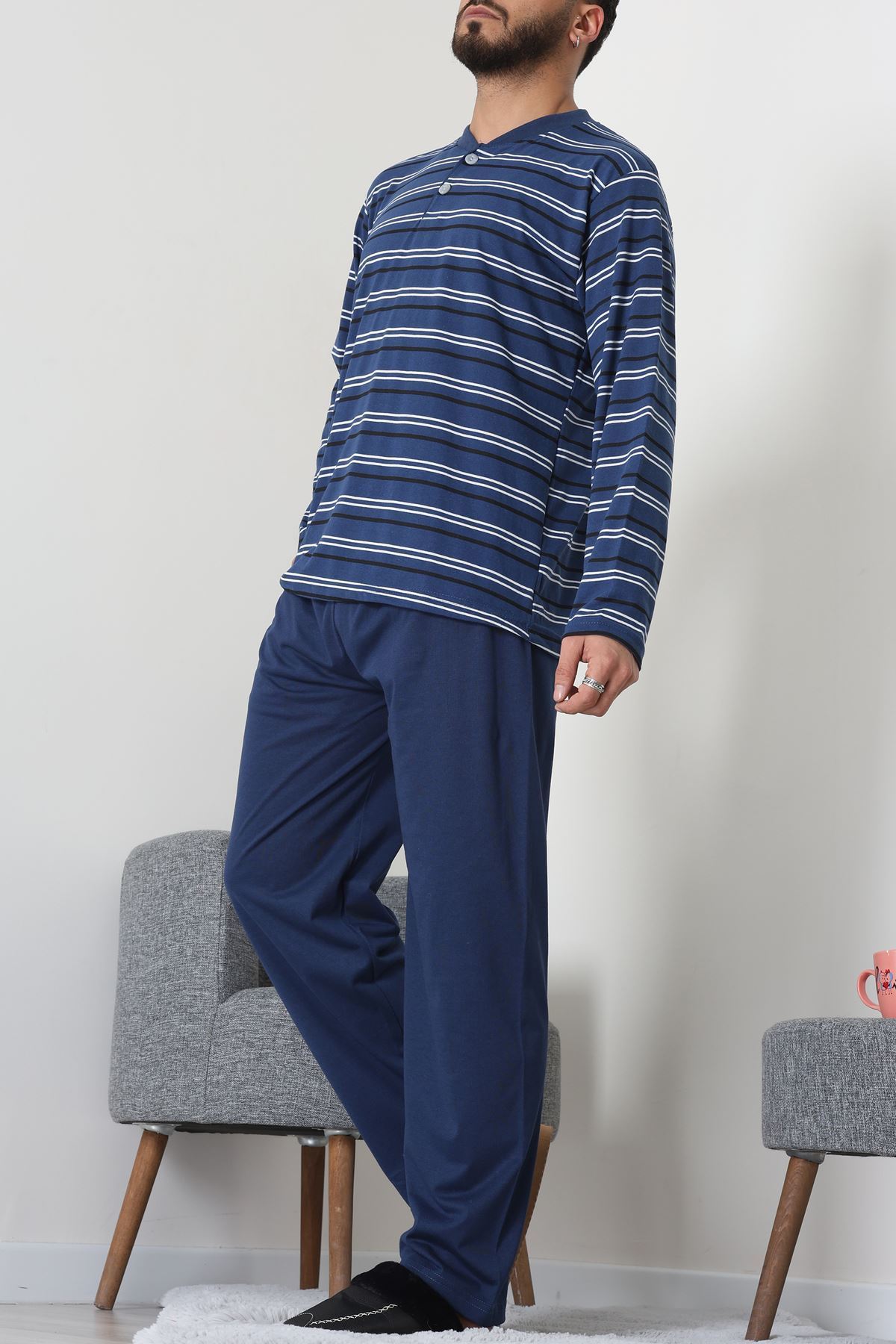 Süprem Çizgili Pat Detaylı Erkek Pijama Takımı İndigo - 70822.1902.
