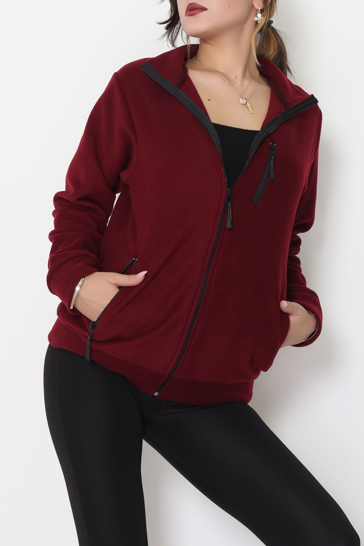 Fermuarlı Dik Yaka Polar Ceket Bordo - 52113.053.