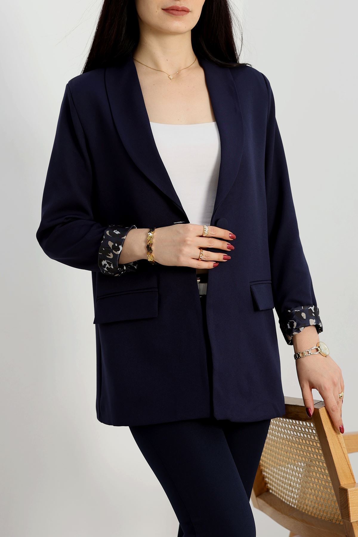 Leopar Astarlı Blazer Ceket Lacivert - 31340.1397.