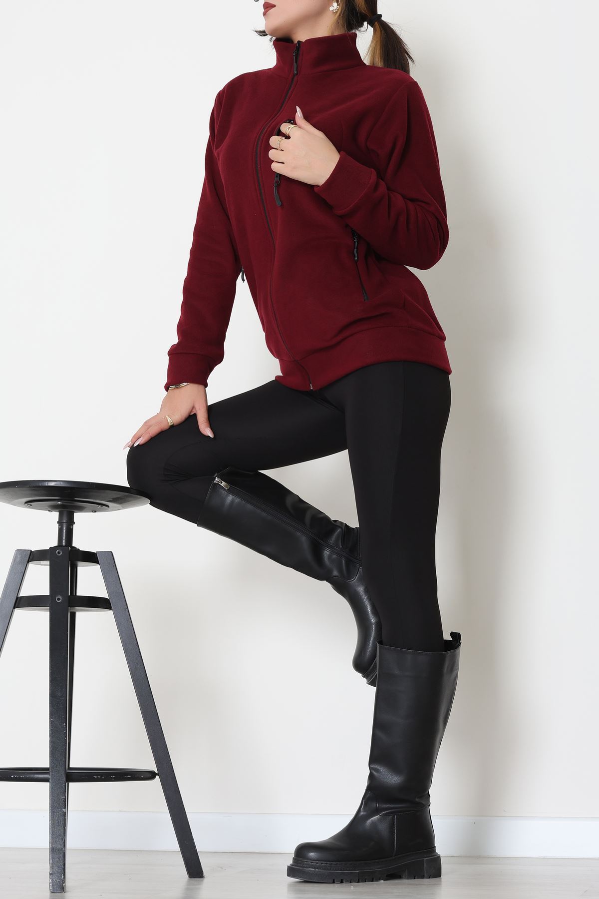 Fermuarlı Dik Yaka Polar Ceket Bordo - 52113.053.