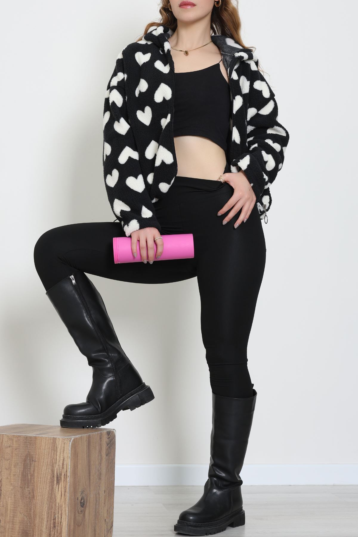 Baskılı Kapşonlu Polar Ceket Siyahkalp - 31711.1247.