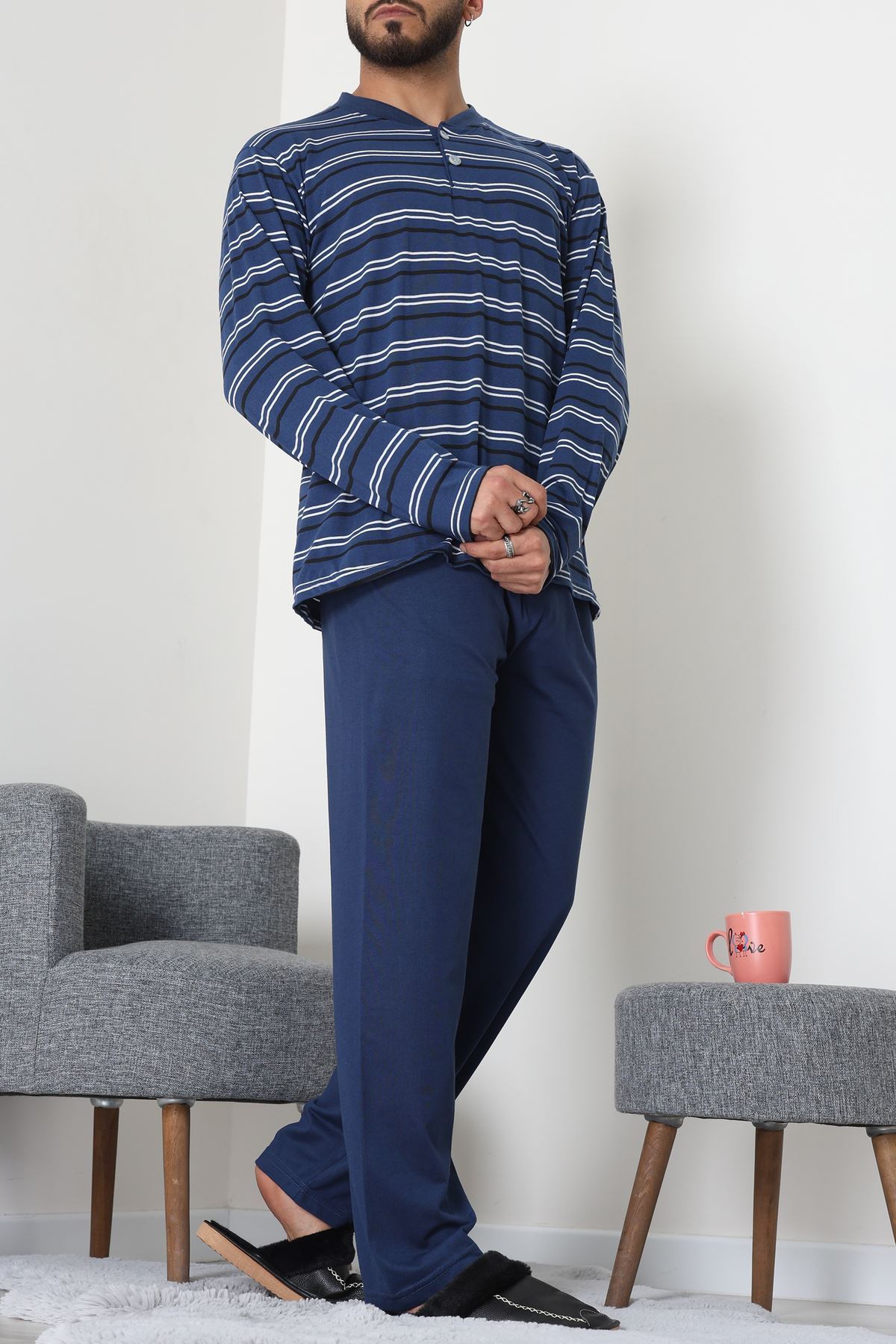 Süprem Çizgili Pat Detaylı Erkek Pijama Takımı İndigo - 70822.1902.