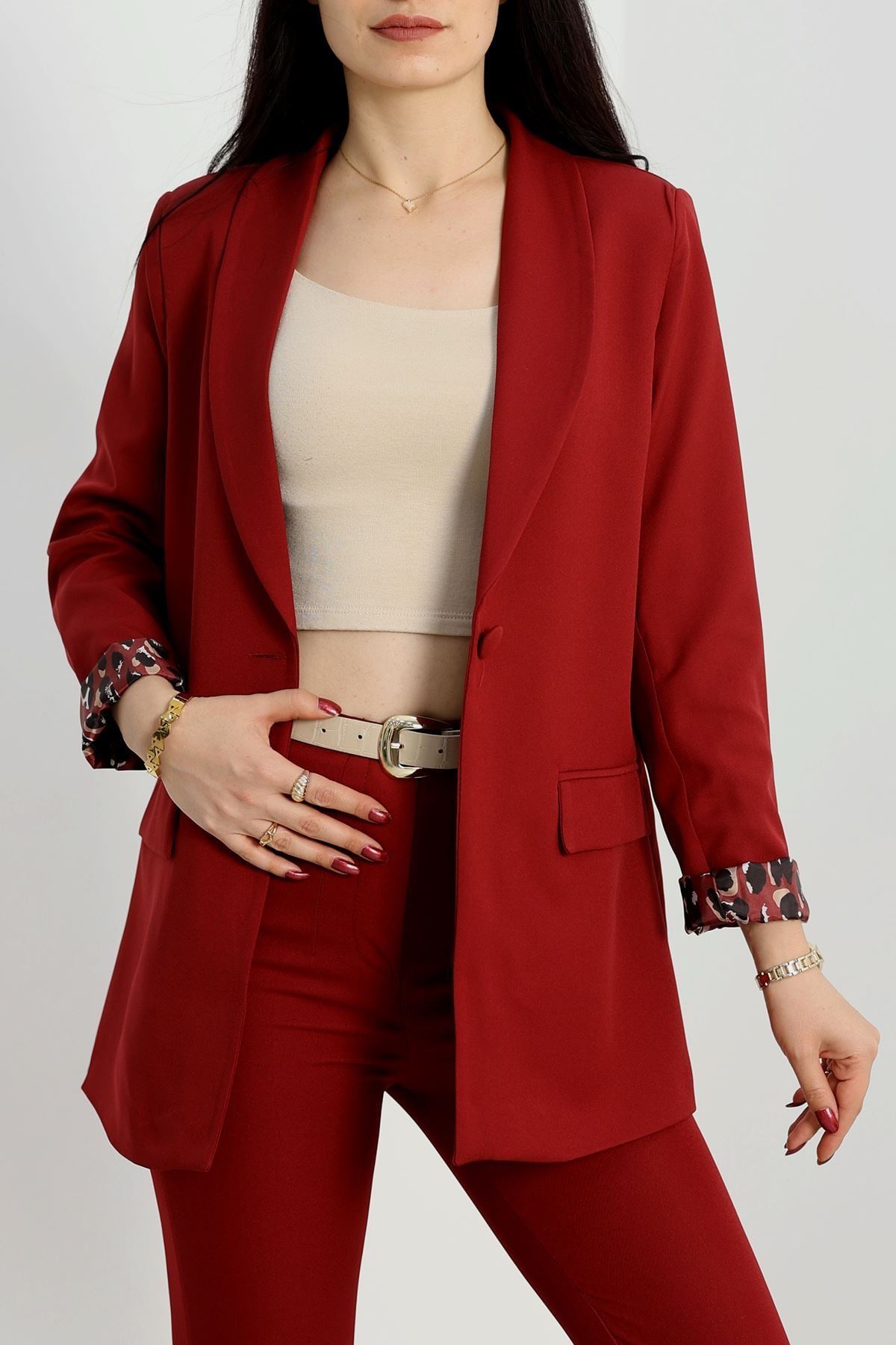 Leopar Astarlı Blazer Ceket Bordo - 31340.1397.