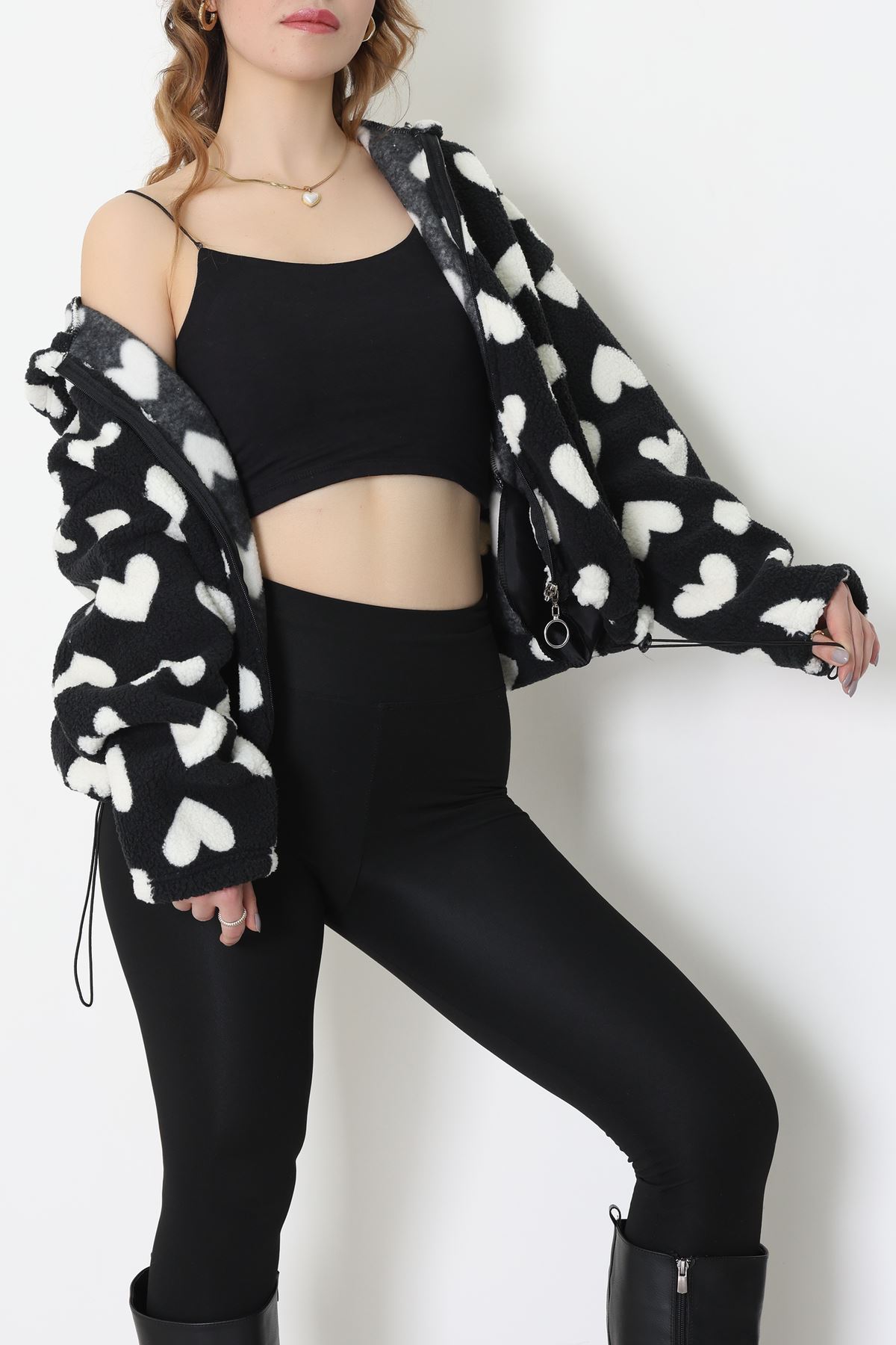 Baskılı Kapşonlu Polar Ceket Siyahkalp - 31711.1247.