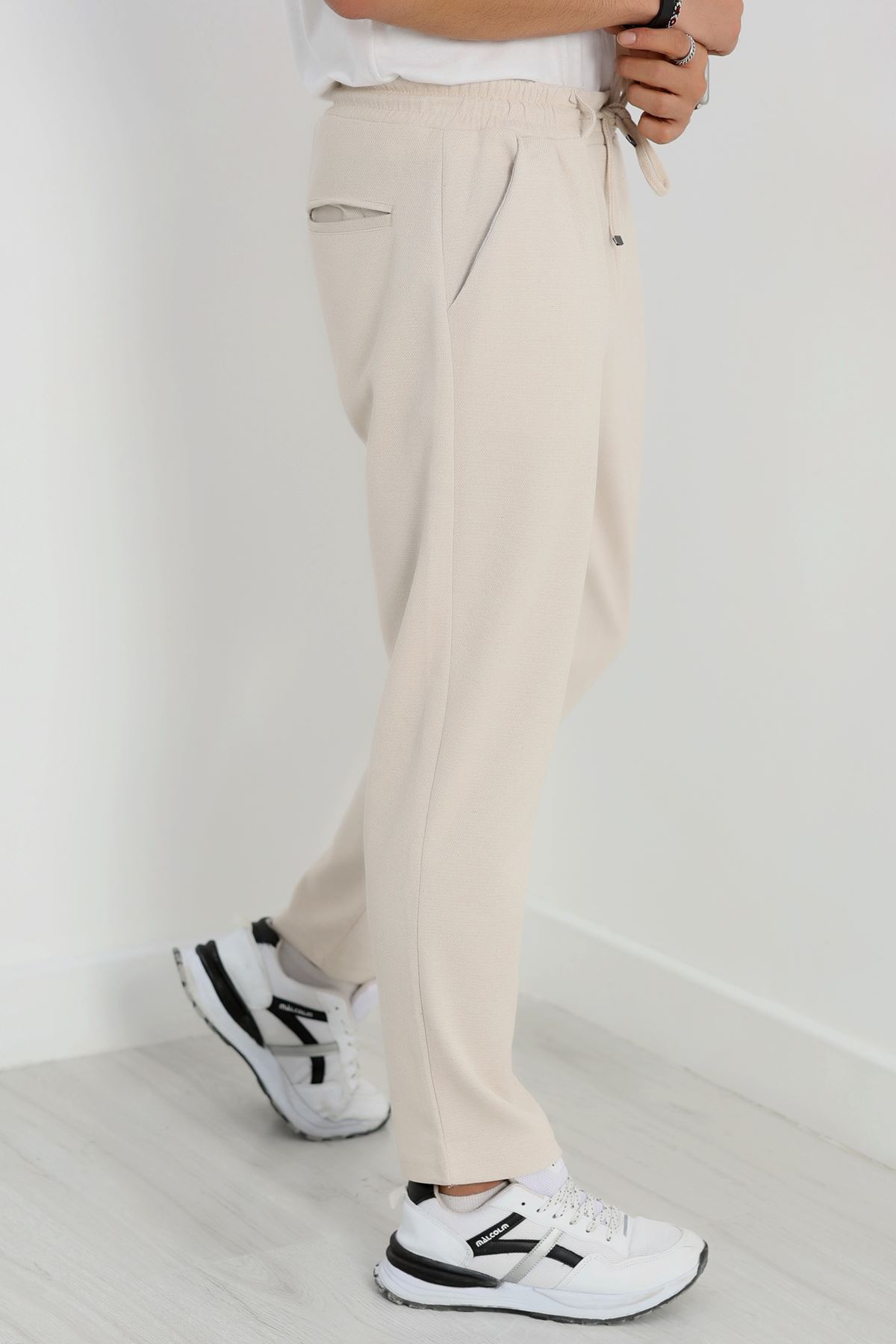 Düz Paça Pike Erkek Eşofman Altı Bej - 42216.1937.