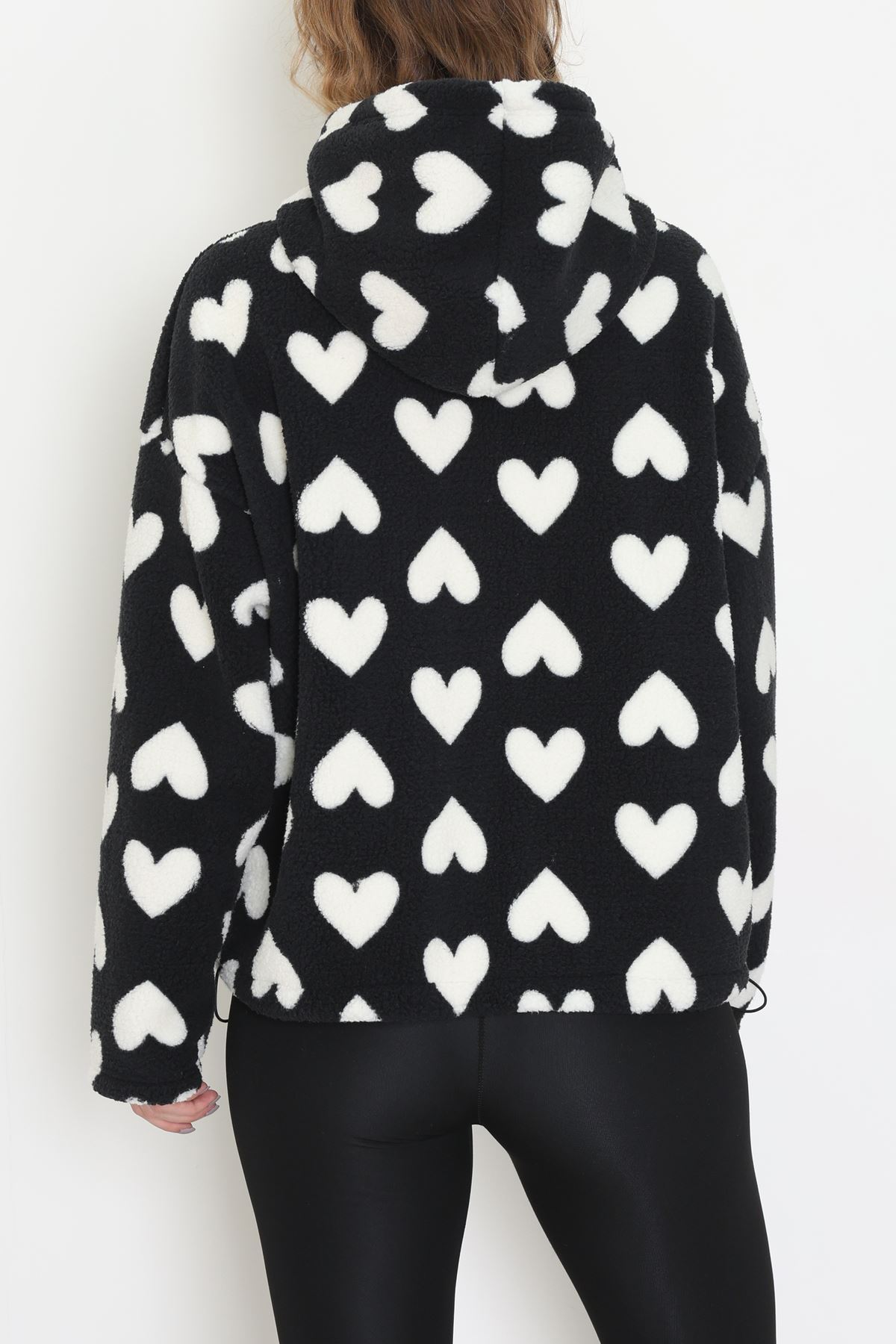 Baskılı Kapşonlu Polar Ceket Siyahkalp - 31711.1247.