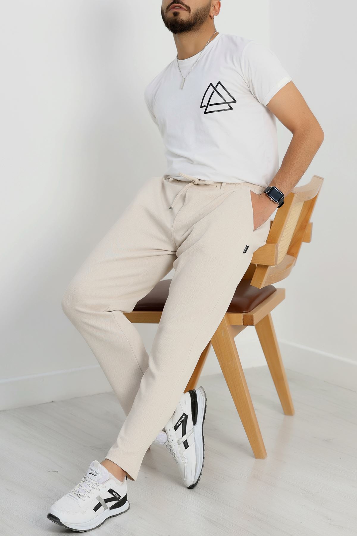 Düz Paça Pike Erkek Eşofman Altı Bej - 42216.1937.