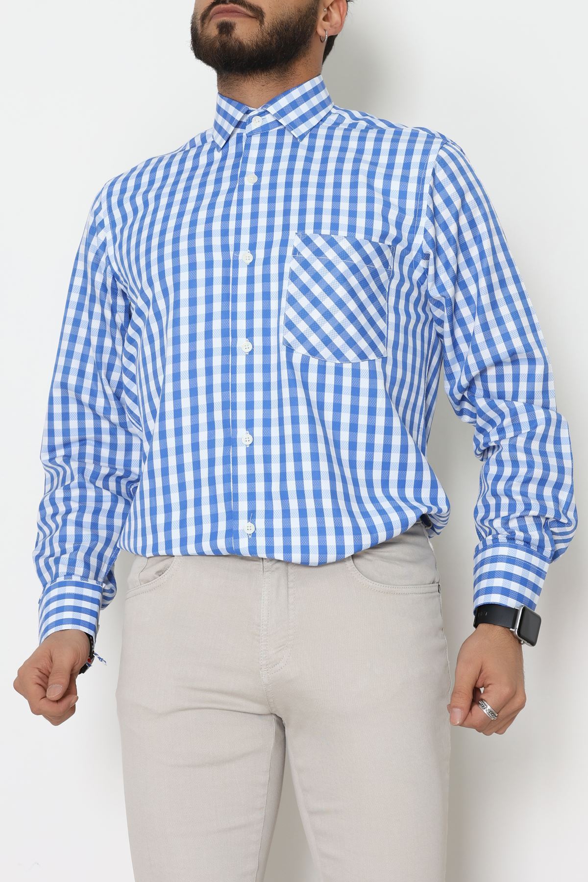 Klasik Pamuklu Erkek Ekose Slimfit Gömlek Ekosemavi - 70876.1970.