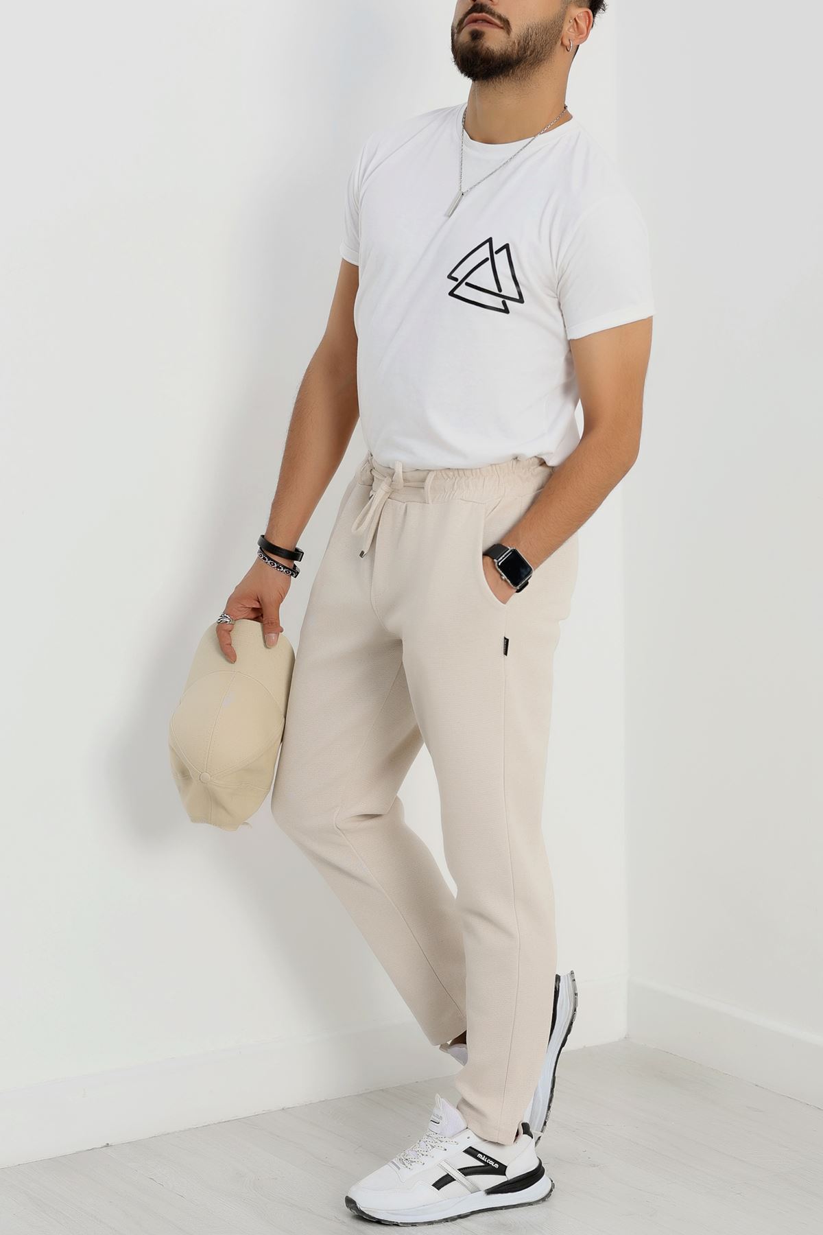 Düz Paça Pike Erkek Eşofman Altı Bej - 42216.1937.