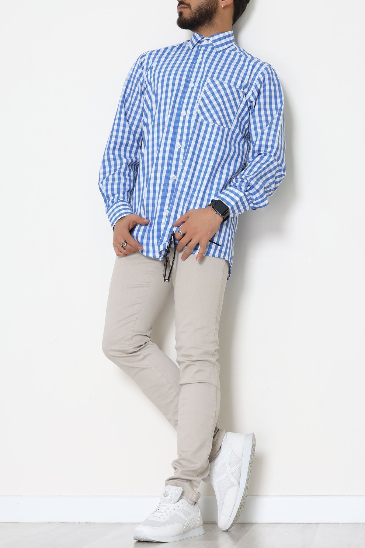 Klasik Pamuklu Erkek Ekose Slimfit Gömlek Ekosemavi - 70876.1970.
