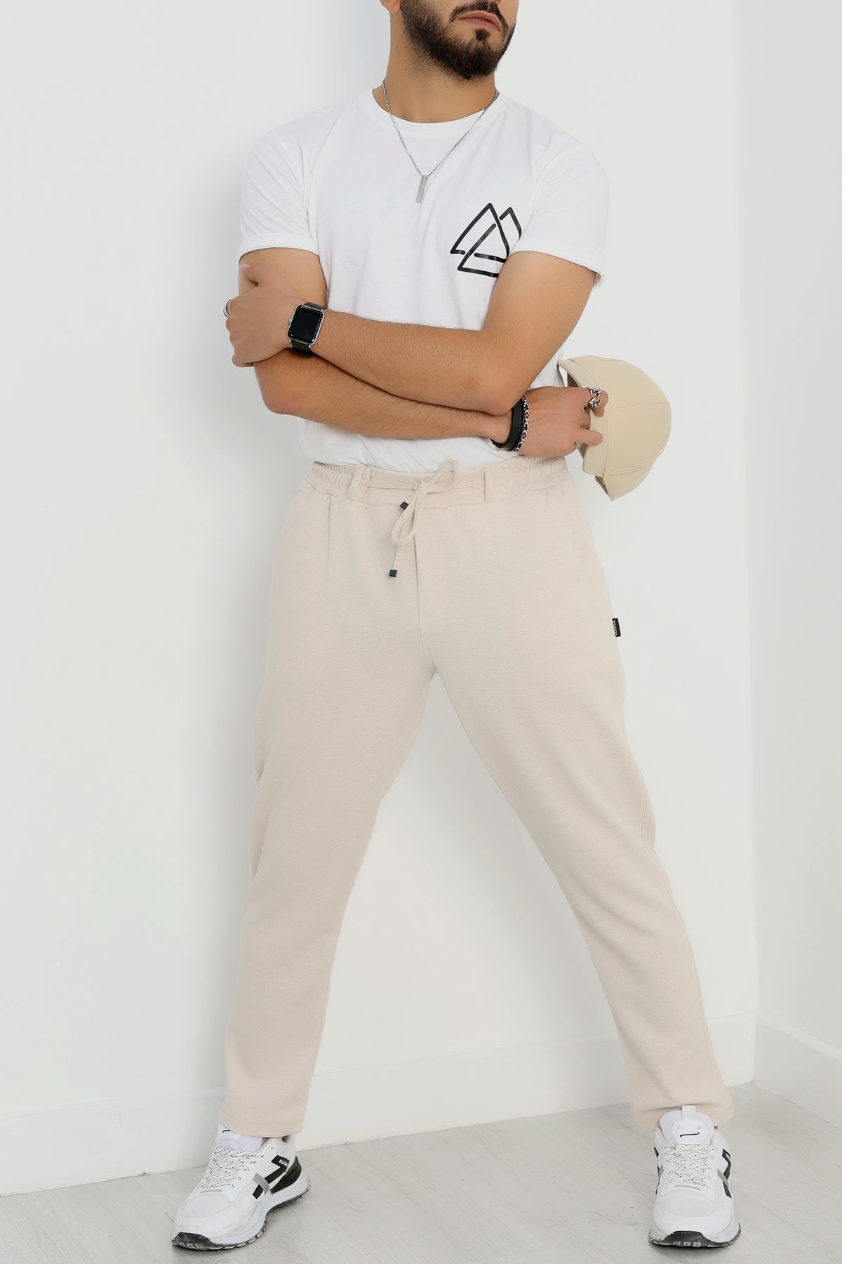 Düz Paça Pike Erkek Eşofman Altı Bej - 42216.1937.