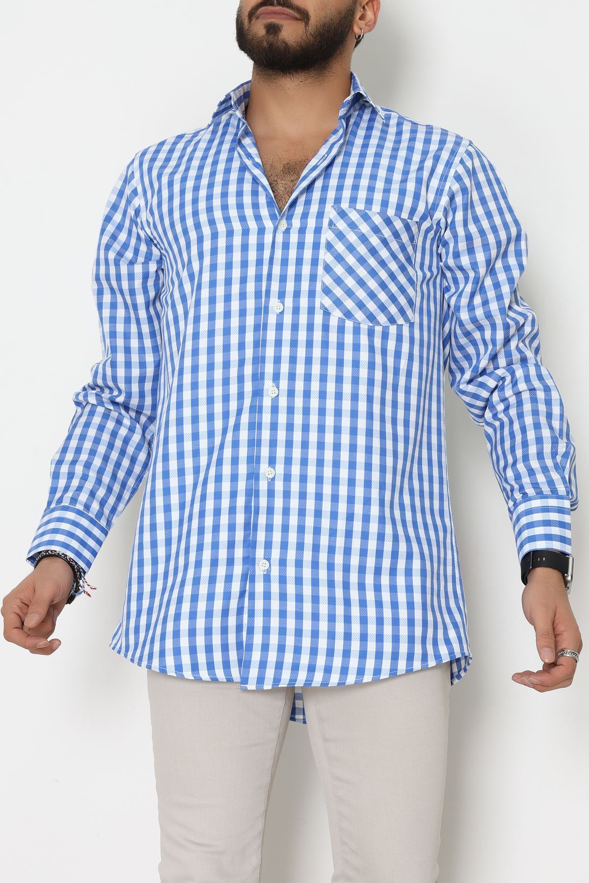 Klasik Pamuklu Erkek Ekose Slimfit Gömlek Ekosemavi - 70876.1970.