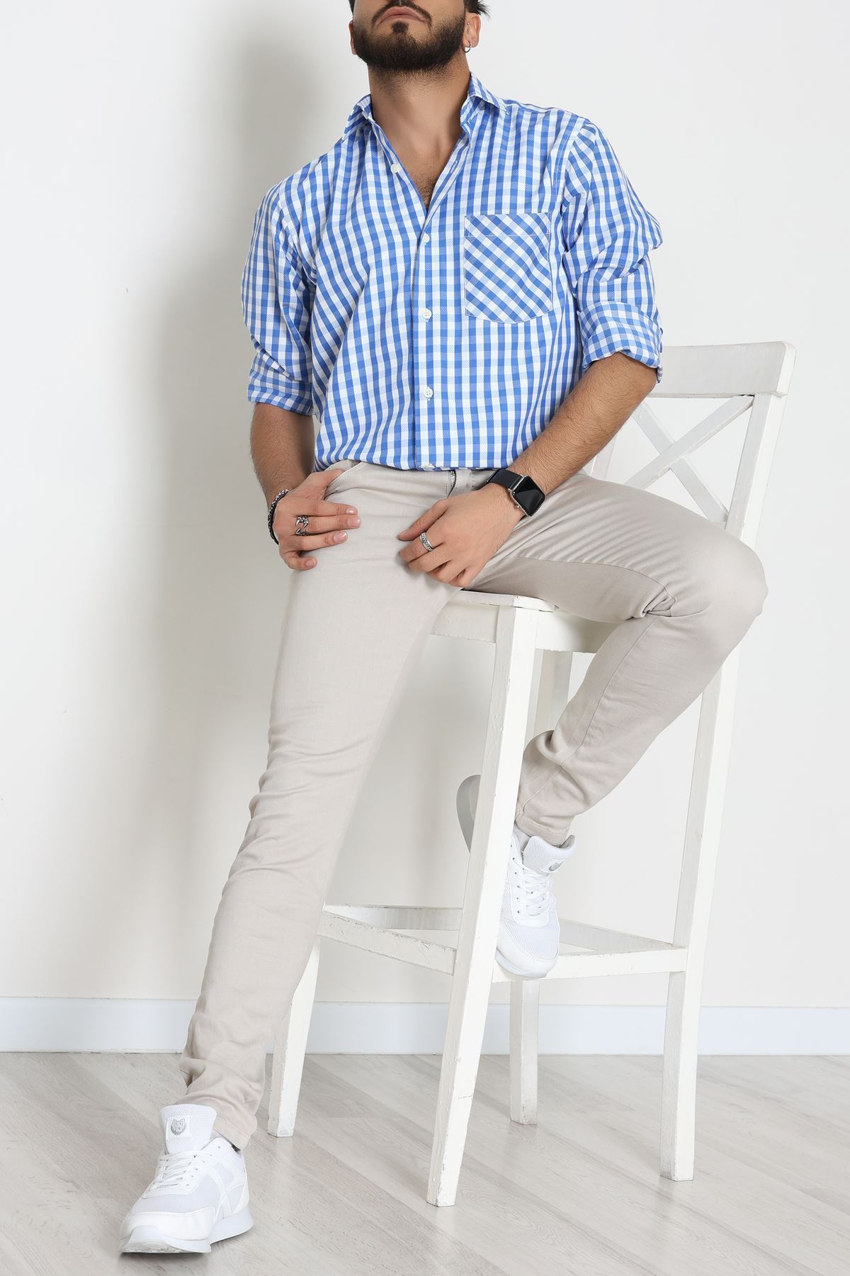 Klasik Pamuklu Erkek Ekose Slimfit Gömlek Ekosemavi - 70876.1970.