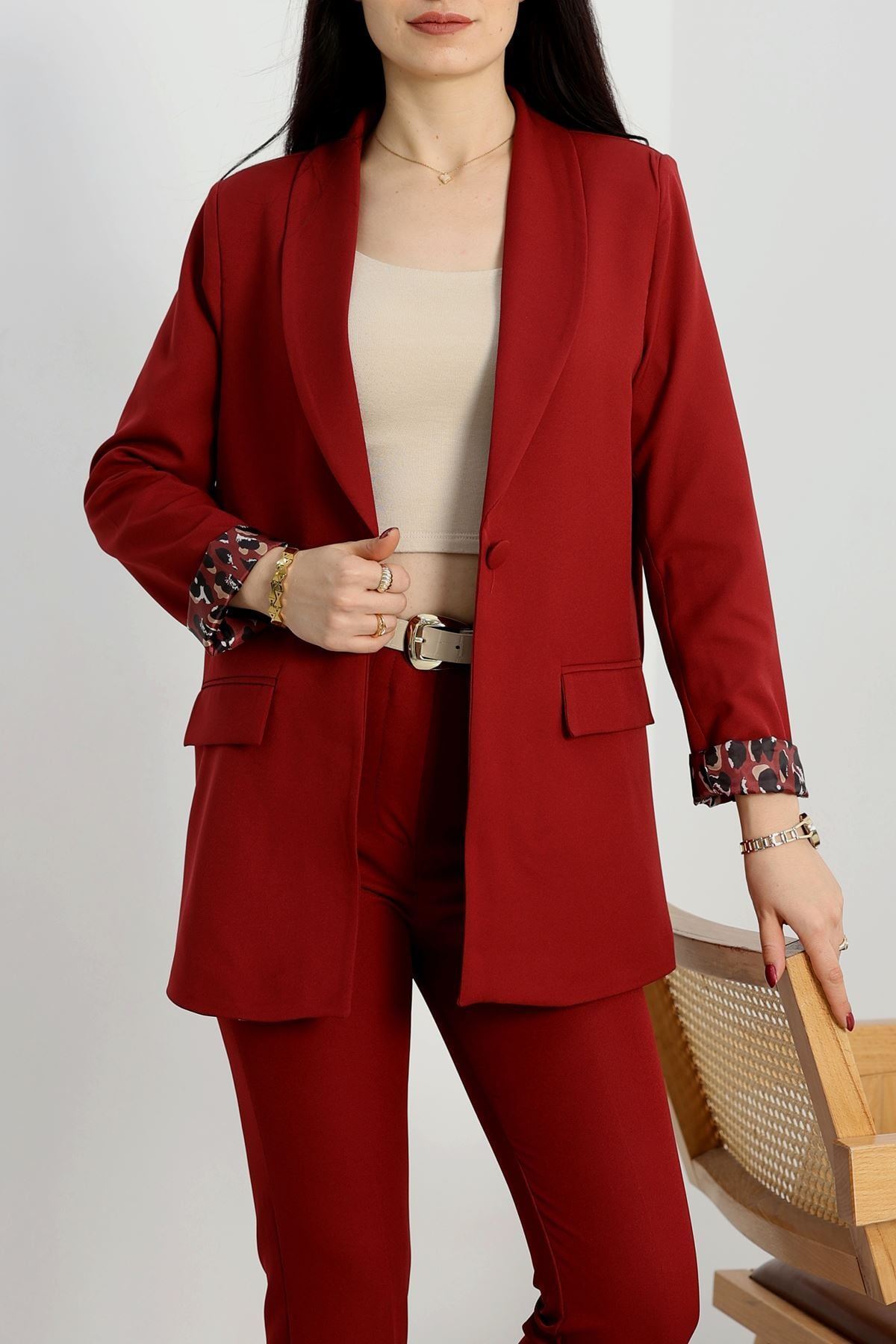 Leopar Astarlı Blazer Ceket Bordo - 31340.1397.