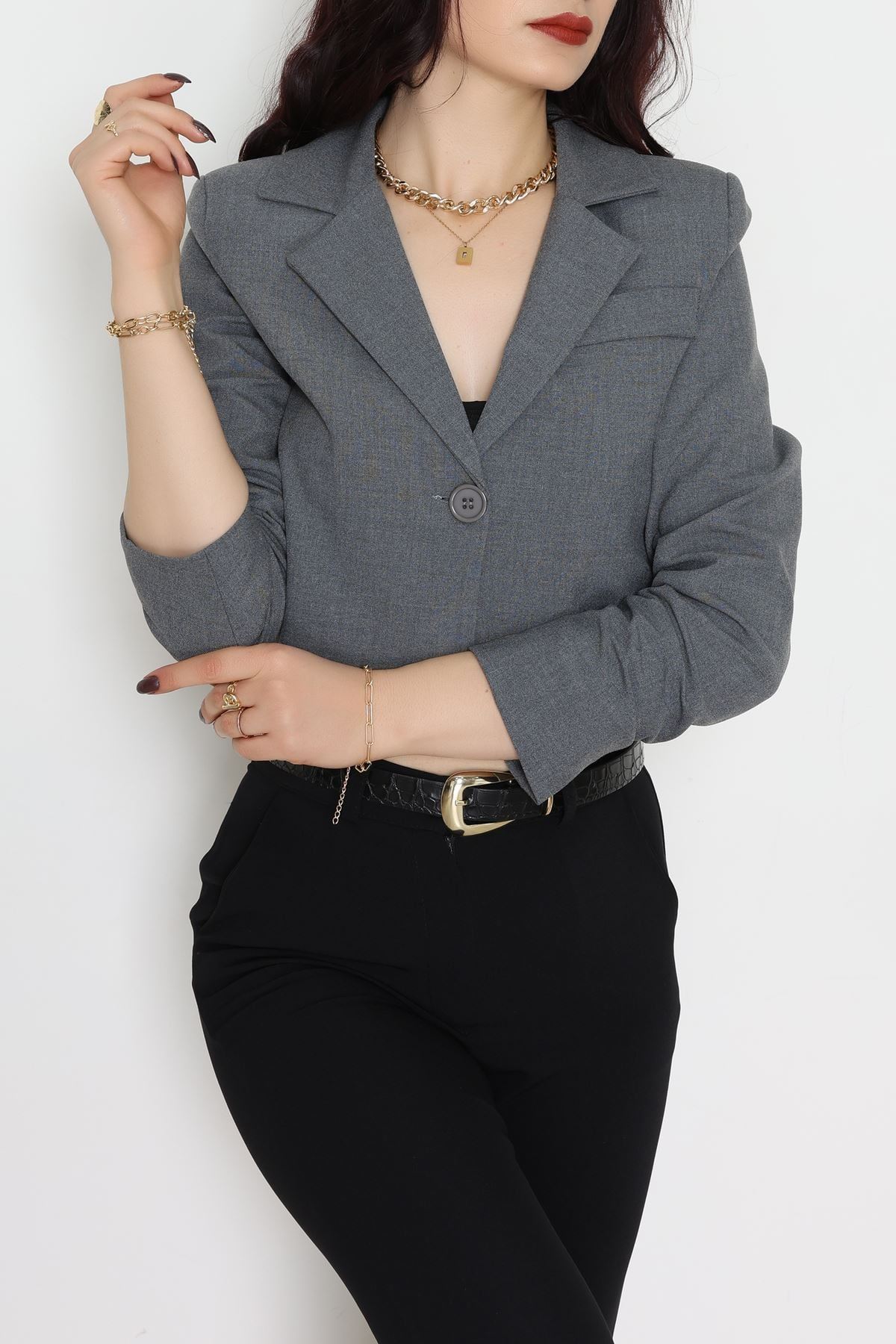 Astarlı Poliviskon Kısa Blazer Ceket Antrasit - 31824.1397.