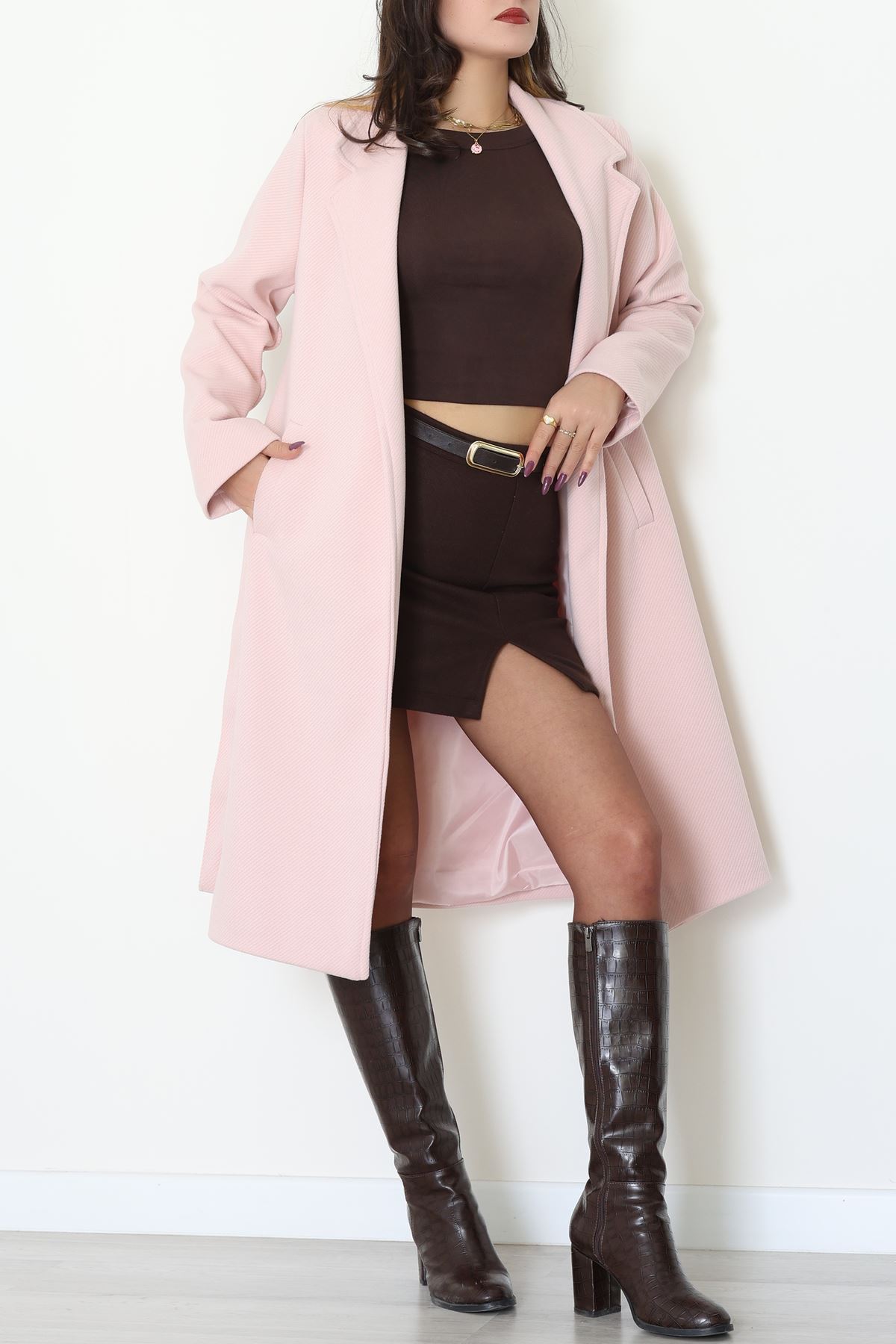 Balıksırtı Astarlı Uzun Kaşe Kaban Tozpembe - 31806.1839.