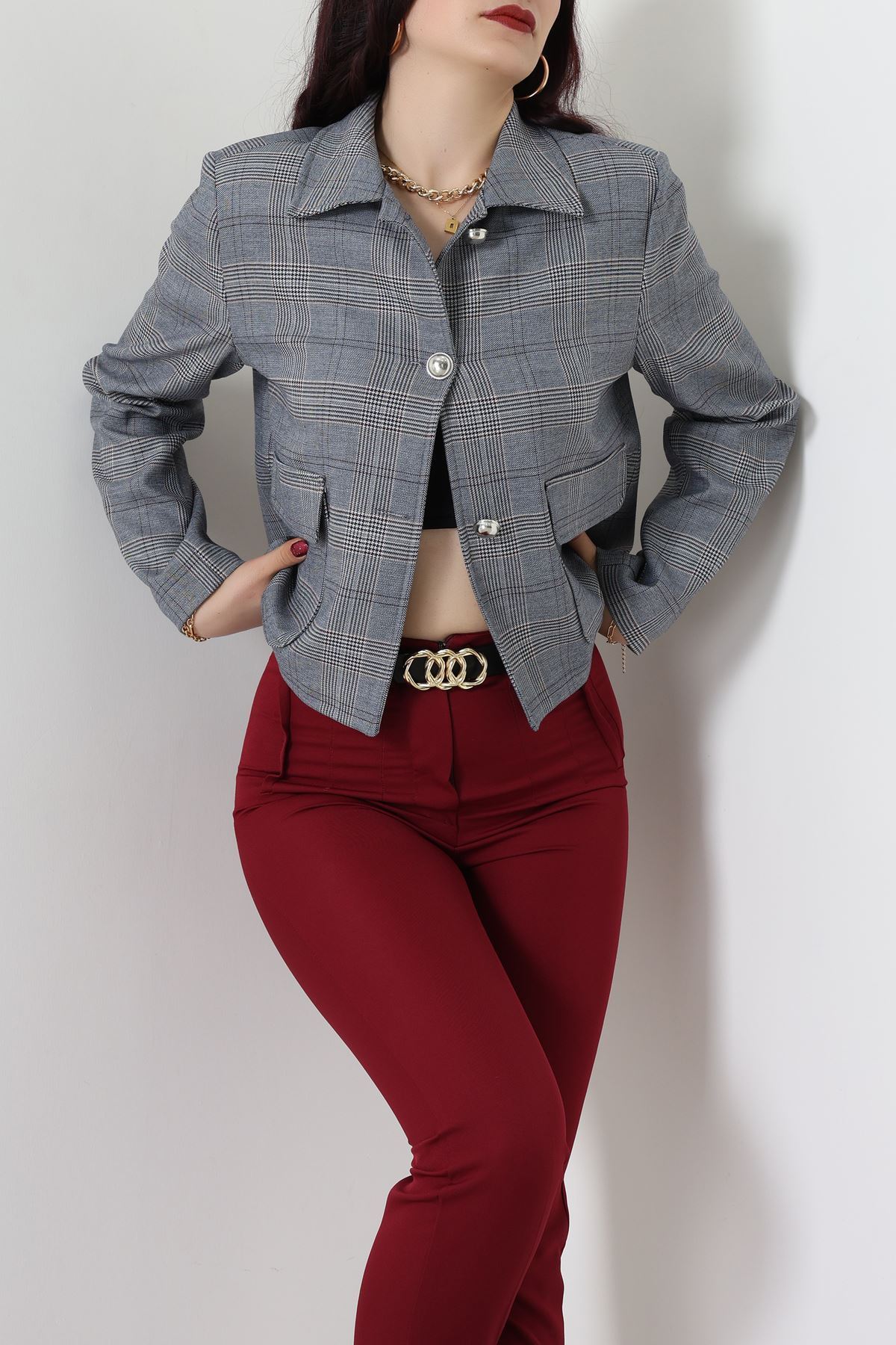 Ekose Düğme Detay Ceket Lacivert - 6311.001.