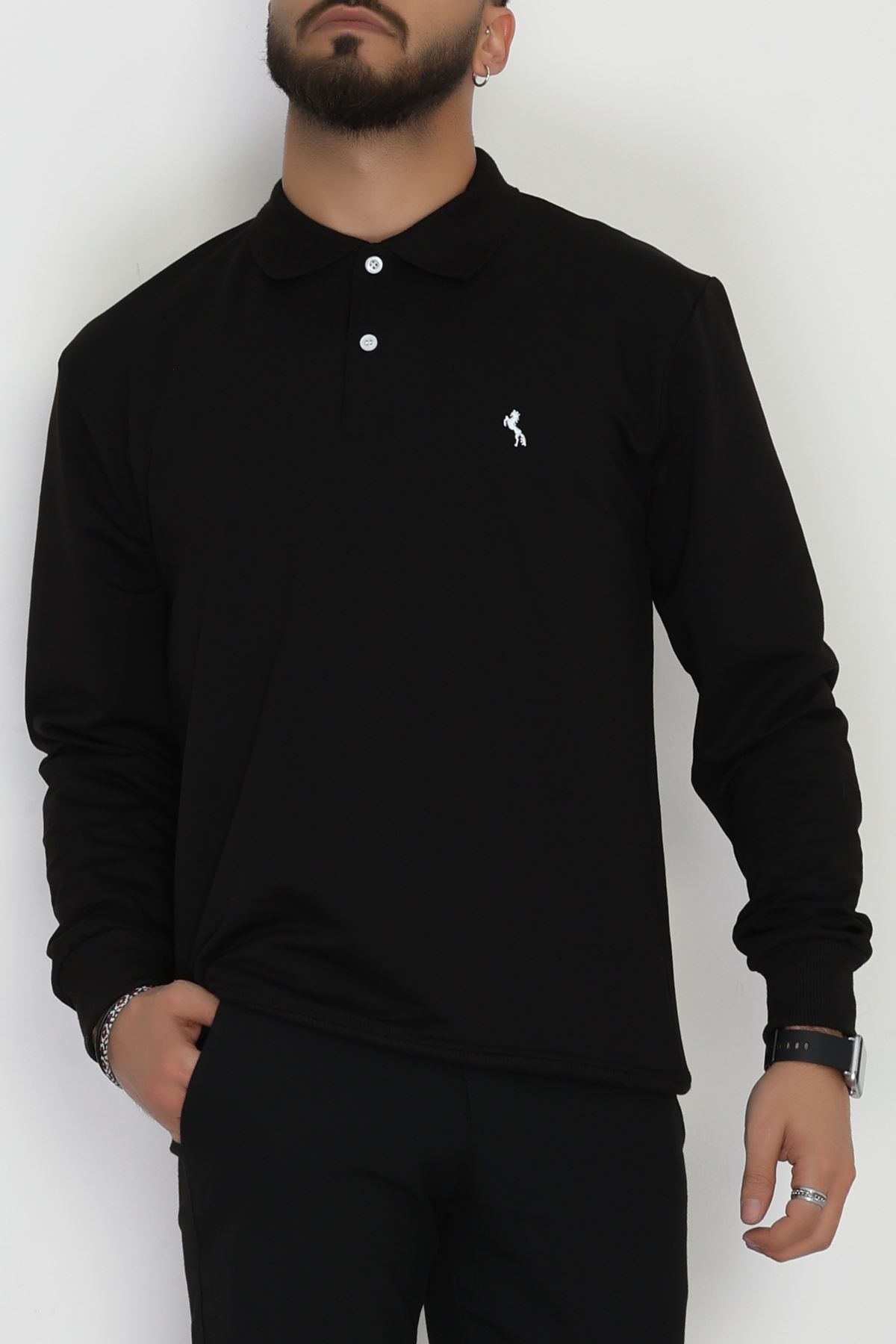 2 İplik Likralı Polo Yaka Erkek Sweat Siyah - 42743.2087.