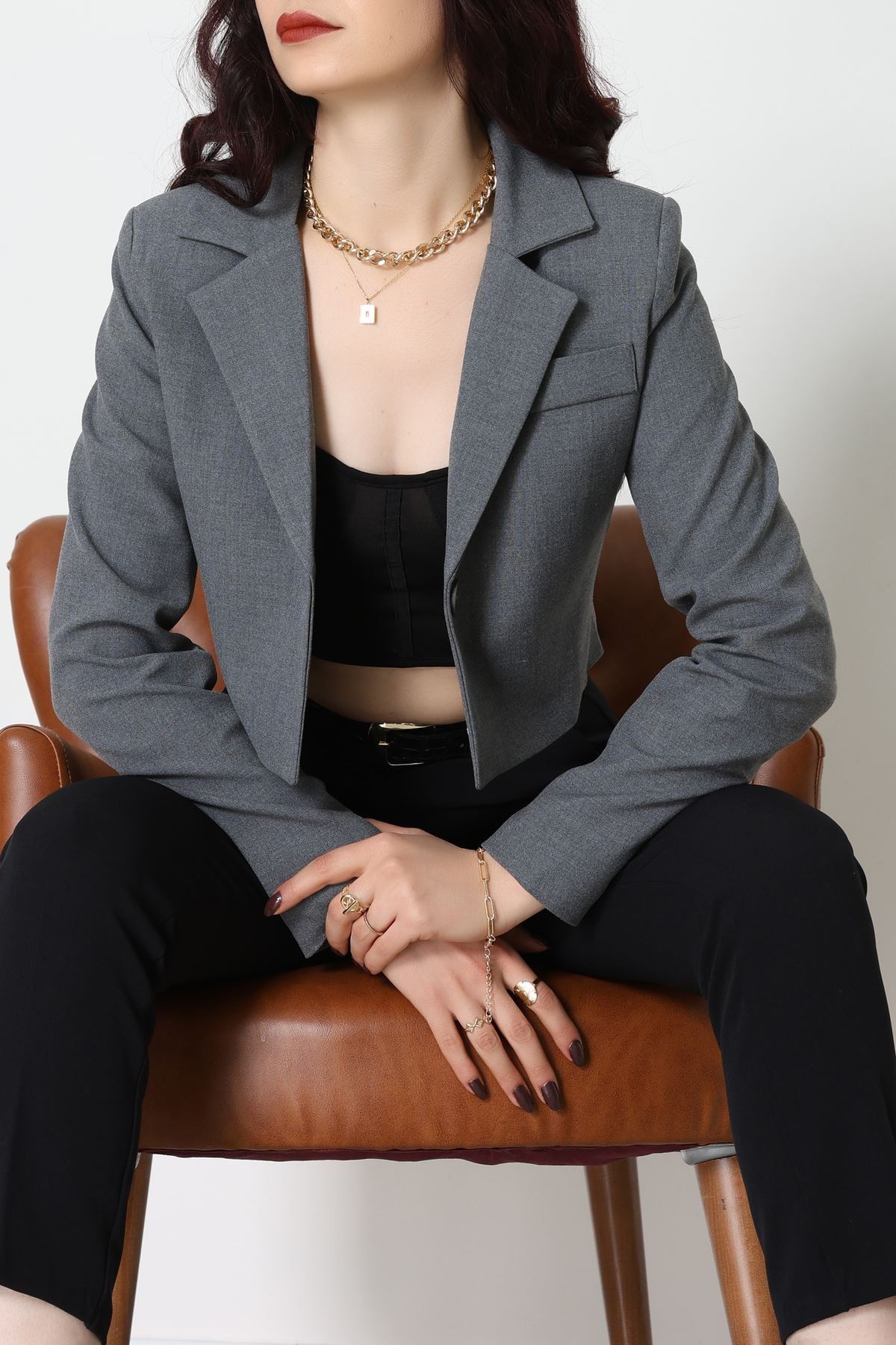 Astarlı Poliviskon Kısa Blazer Ceket Antrasit - 31824.1397.