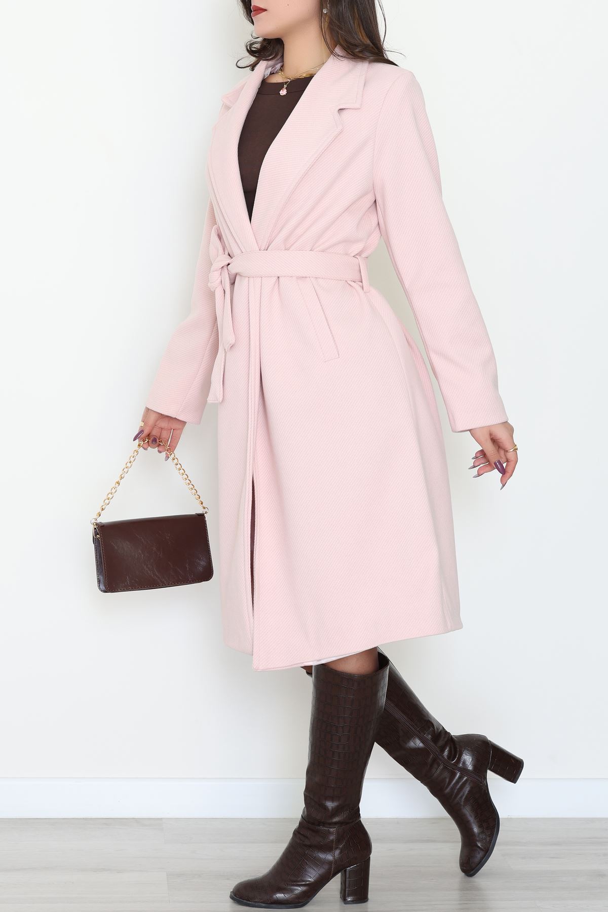 Balıksırtı Astarlı Uzun Kaşe Kaban Tozpembe - 31806.1839.