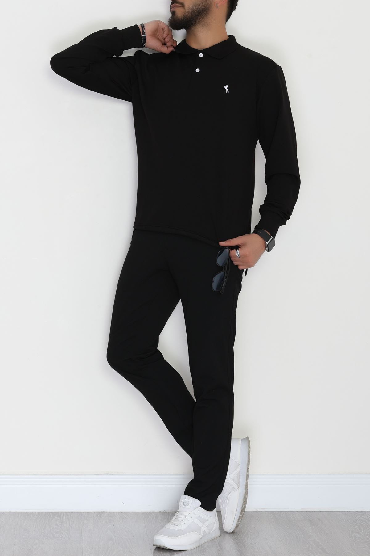 2 İplik Likralı Polo Yaka Erkek Sweat Siyah - 42743.2087.
