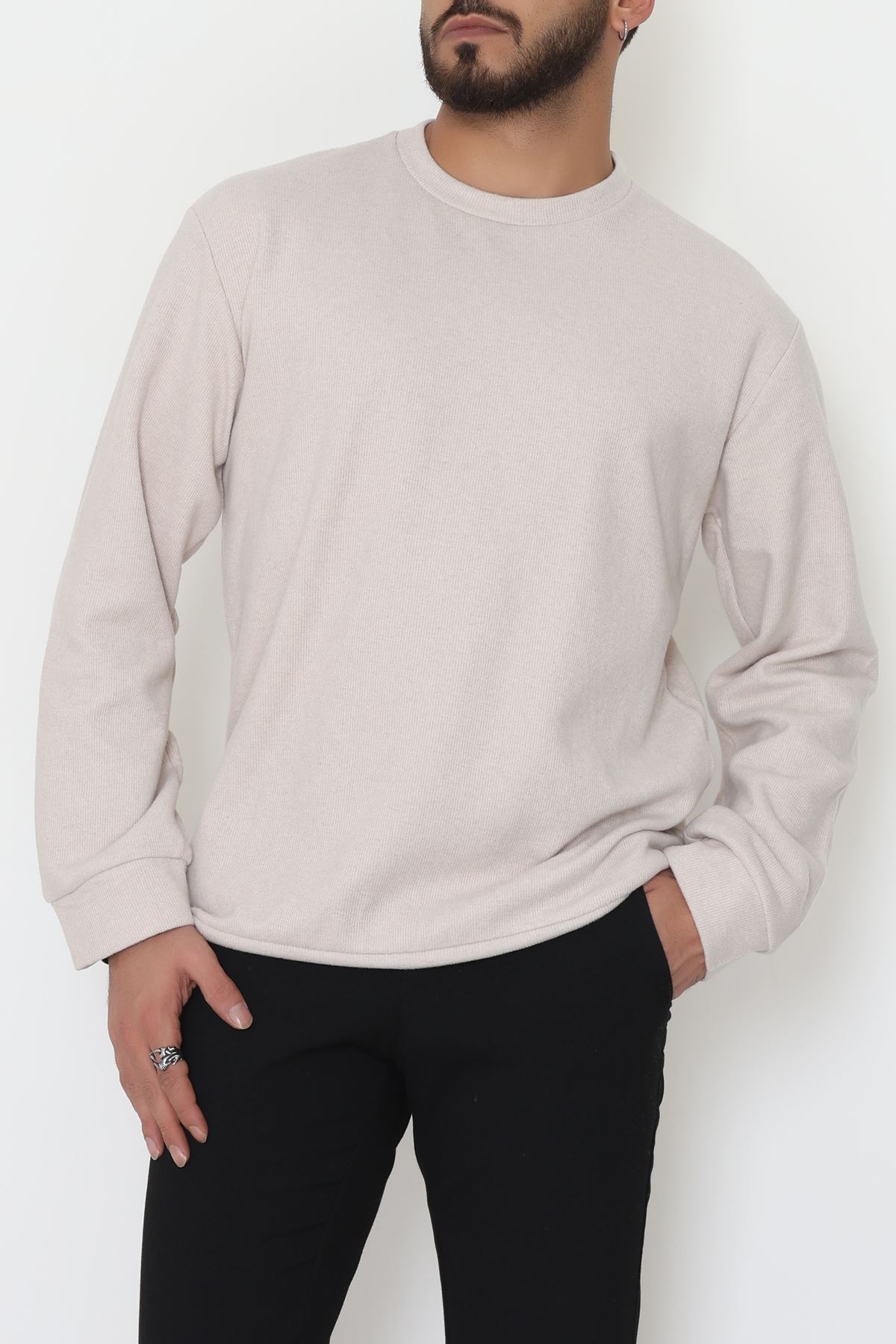 Bisiklet Yaka Selanik Kumaş Erkek Sweat Bej - 42674.1567.