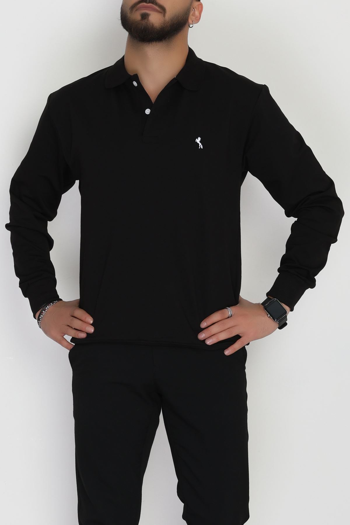 2 İplik Likralı Polo Yaka Erkek Sweat Siyah - 42743.2087.