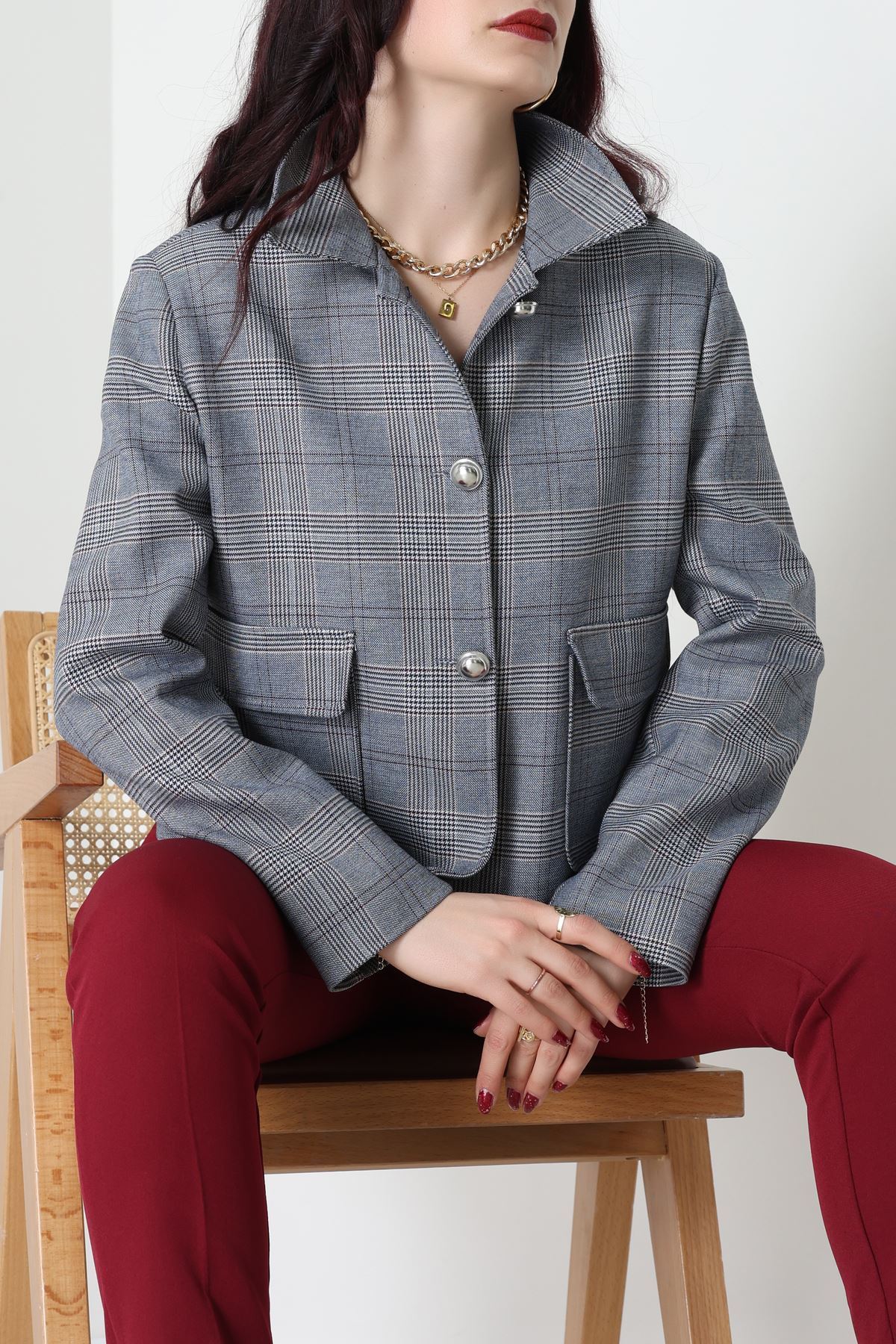 Ekose Düğme Detay Ceket Lacivert - 6311.001.