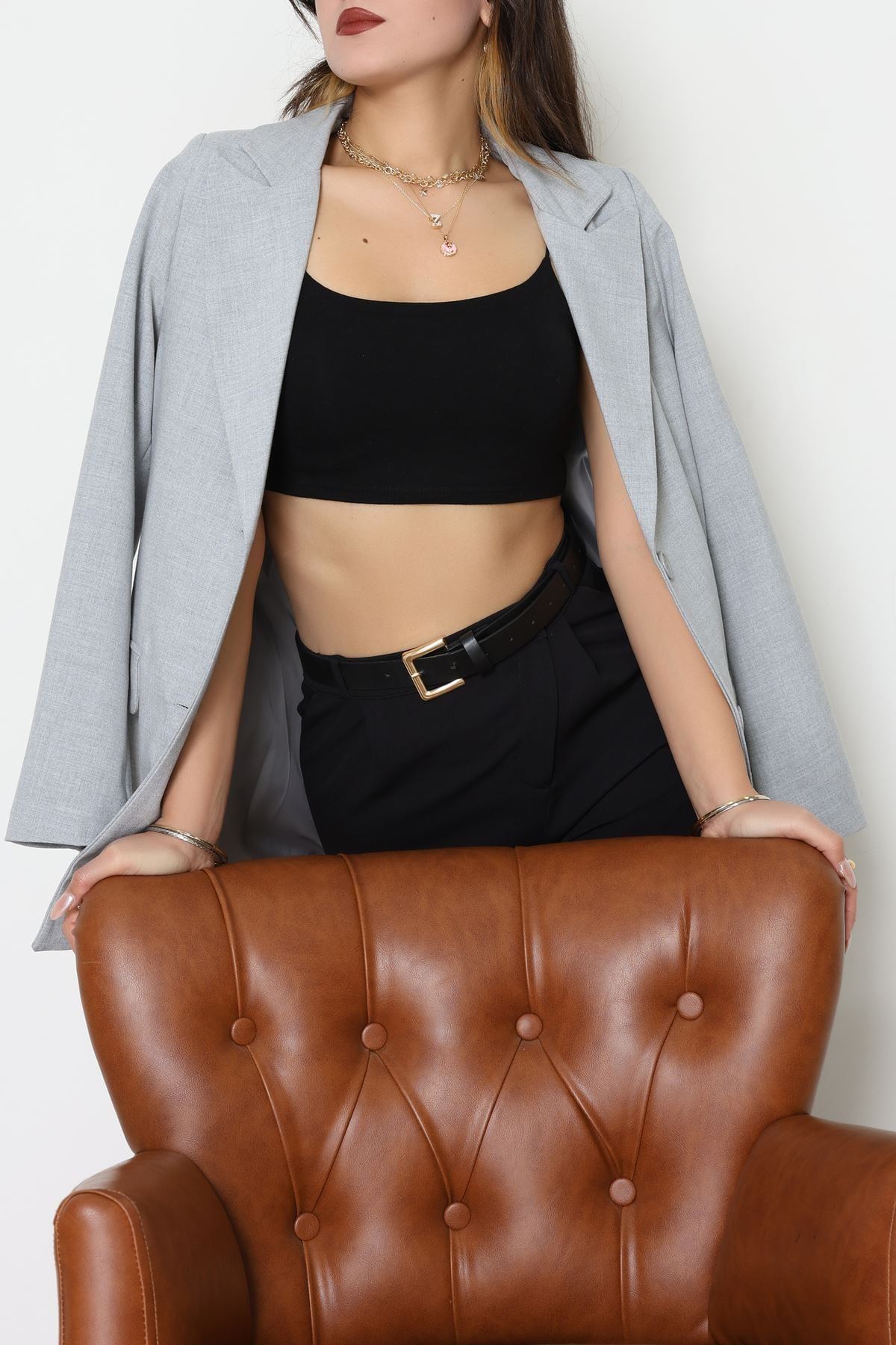 Astarlı Poliviskon Blazer Ceket Gri - 31823.1397.