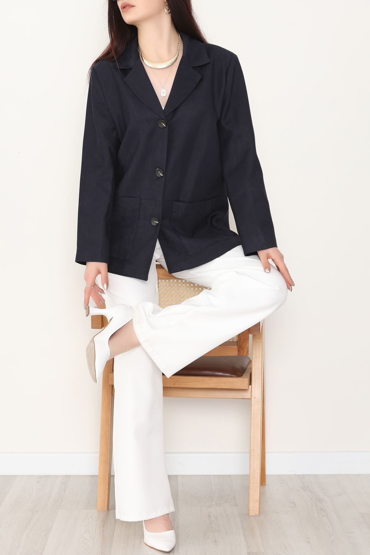 Üstten Takma Cep Süet Ceket Lacivert - 6291.424.